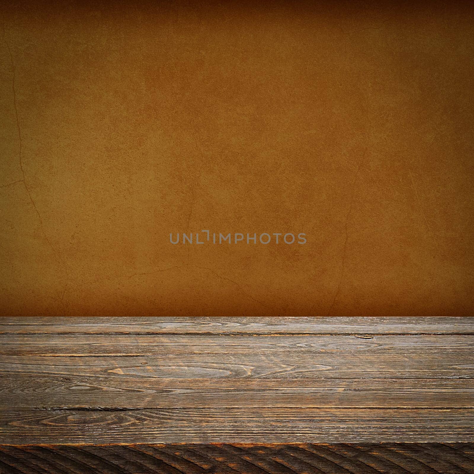 The background is blank wooden boards and a textured plastered wall with lighting and vignetting. For product demonstrations, free space, layout, mockup, perspective board, background board.
