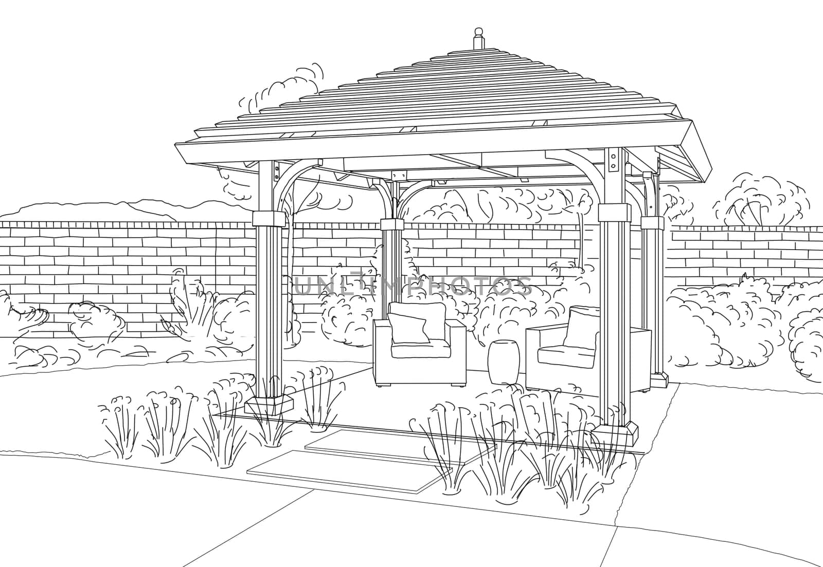 Illustration of Beautiful Pergola in Back Yard.