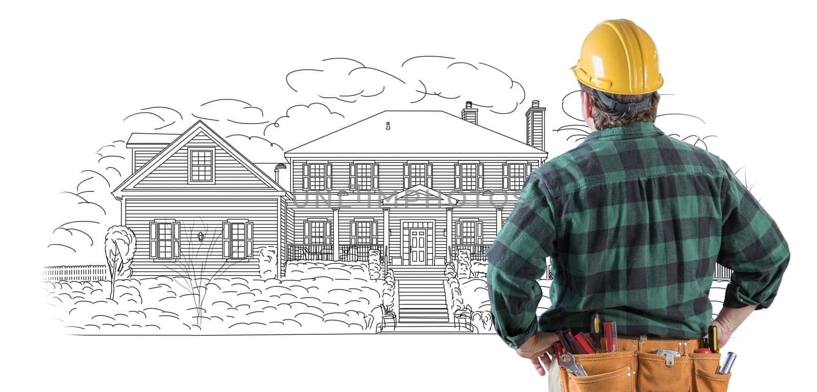 Male Contractor with Hard Hat and Tool Belt Looking At Custom House Drawing On White.