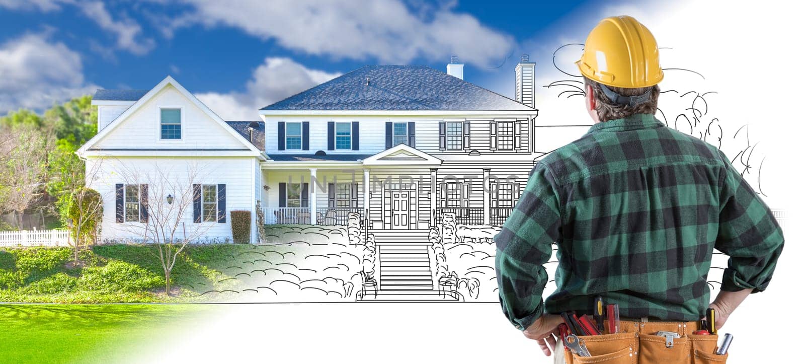 Male Contractor with Hard Hat and Tool Belt Looking At Custom House Drawing Photo Combination On White.