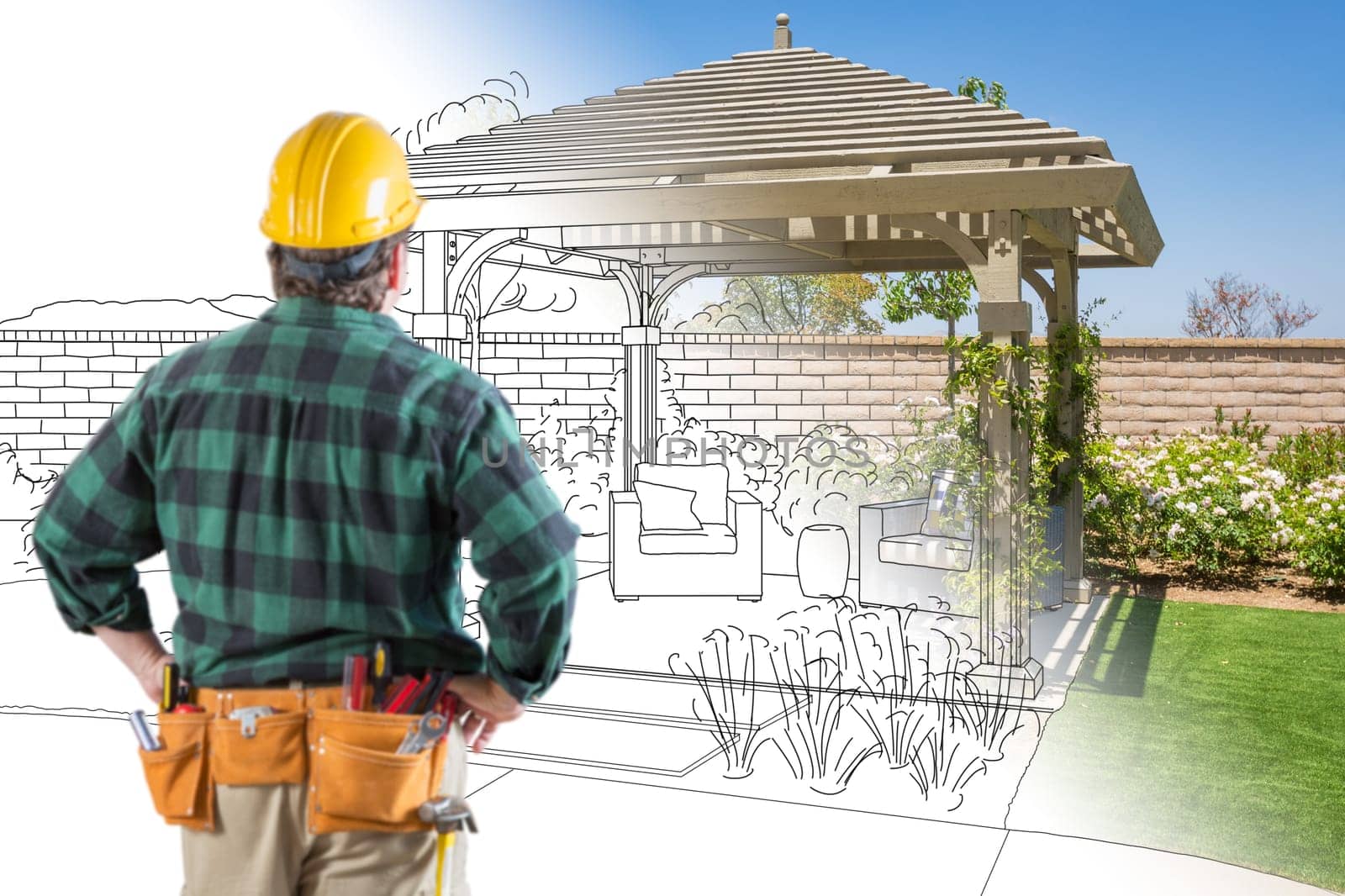 Contractor Standing Looking At Patio Pergola Design Drawing and Photo Combination.