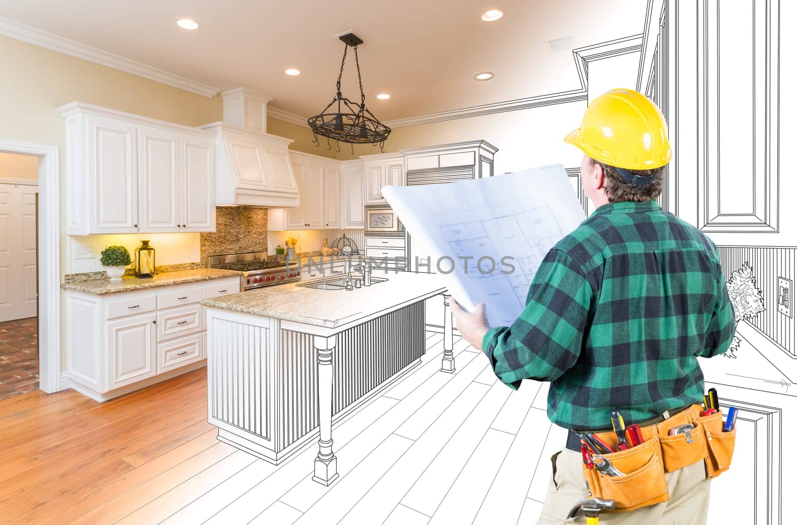 Male Contractor with Hard Hat and Plans Looking At Custom Kitchen Drawing Photo Combination On White.