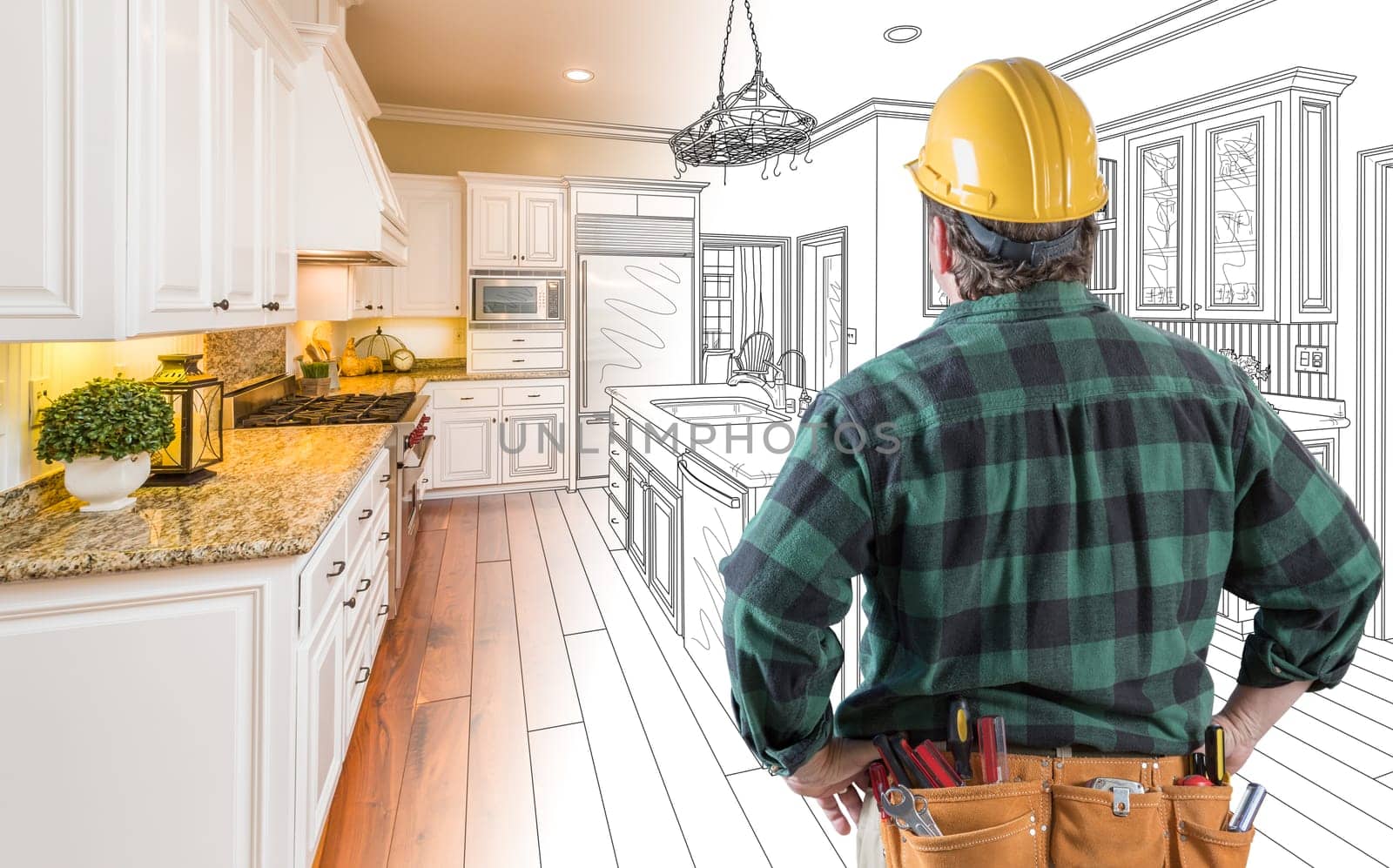 Male Contractor with Hard Hat and Tool Belt Looking At Custom Kitchen Drawing Photo Combination On White.