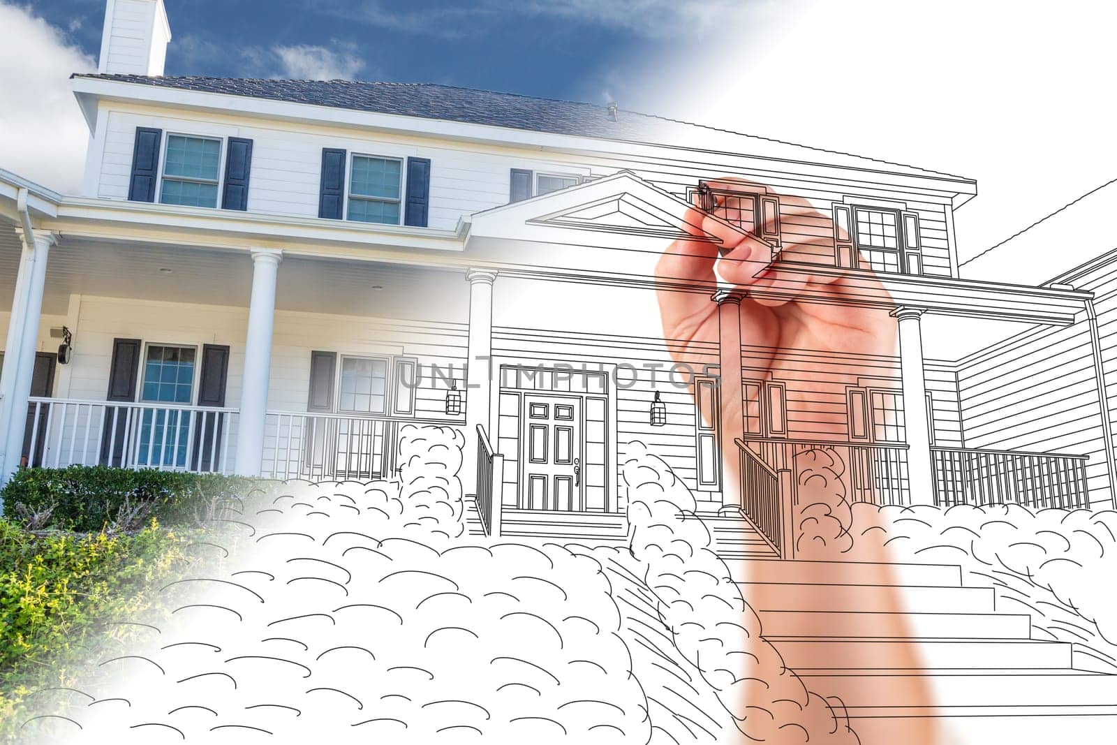 Male Hand Sketching with Pencil the Outline of a House with Photo Showing Through.