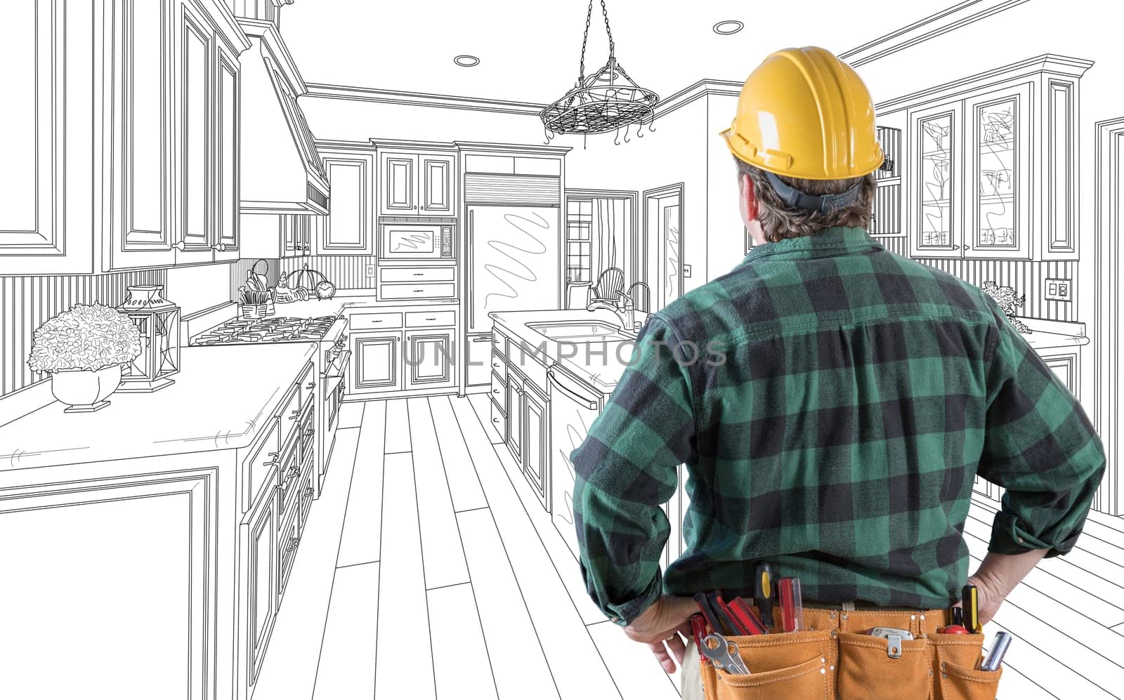 Male Contractor with Hard Hat and Tool Belt Looking At Custom Kitchen Drawing On White.