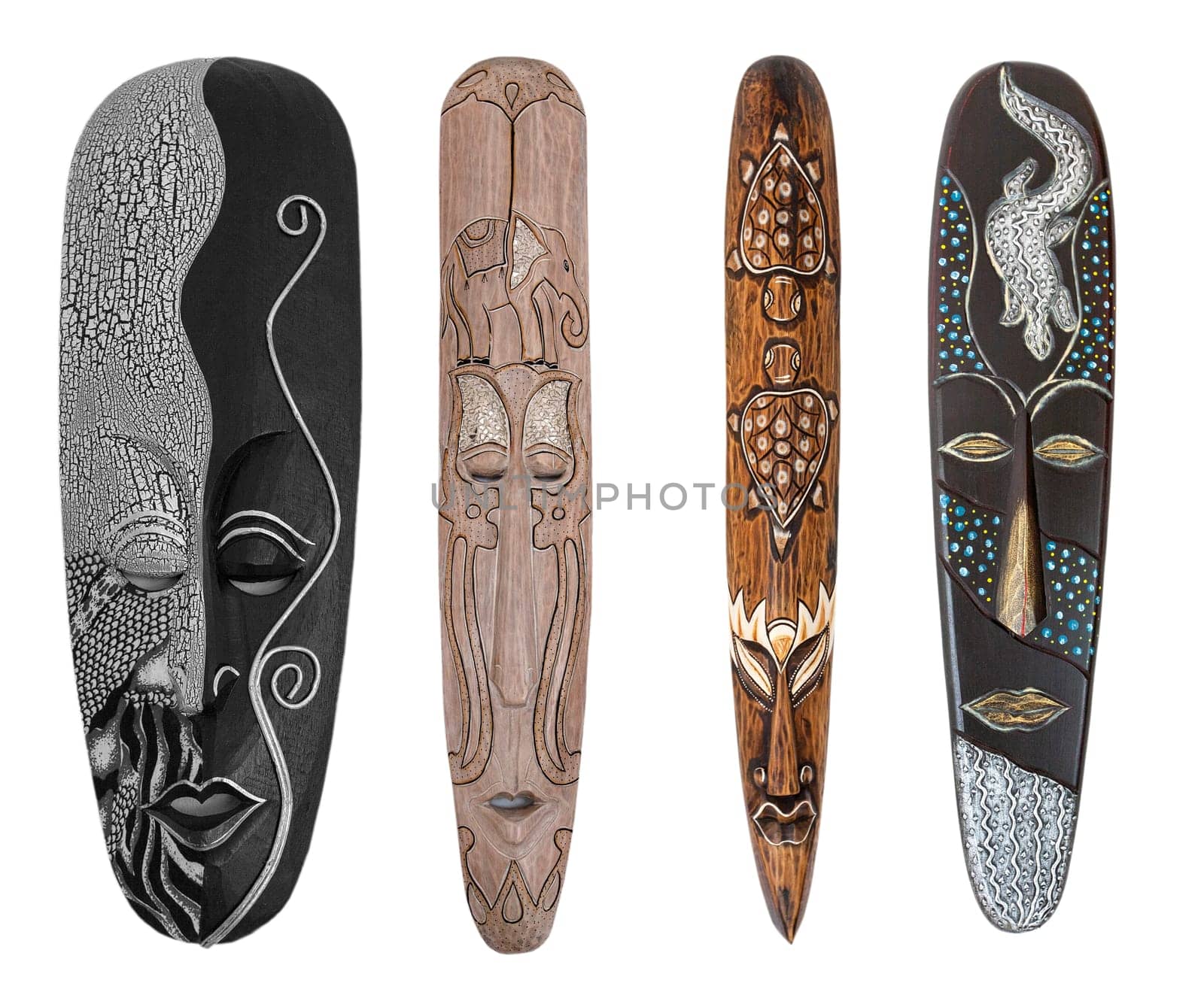 The Set of Carved african wooden mask on the white background