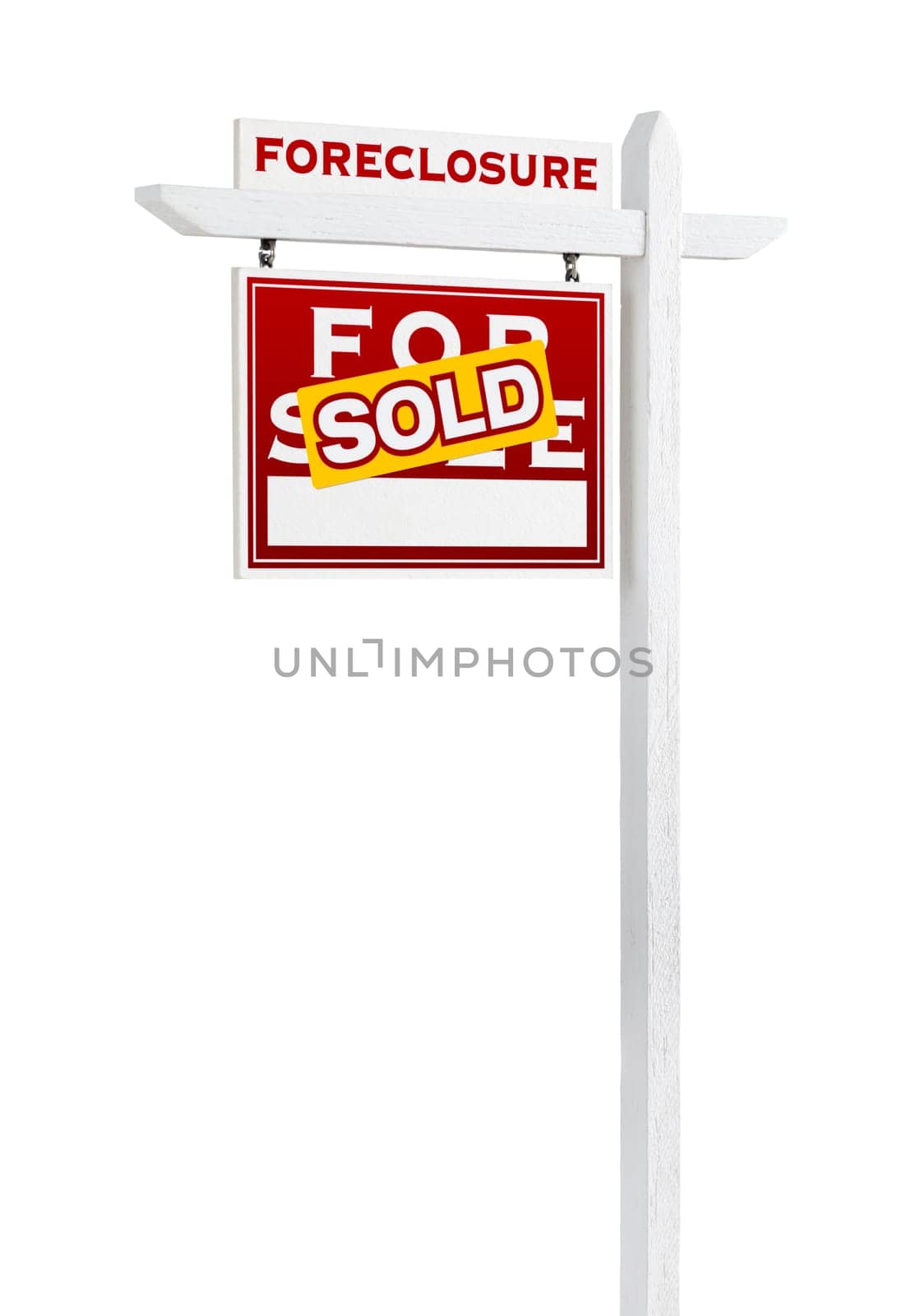 Left Facing Foreclosure Sold For Sale Real Estate Sign Isolated on White.
