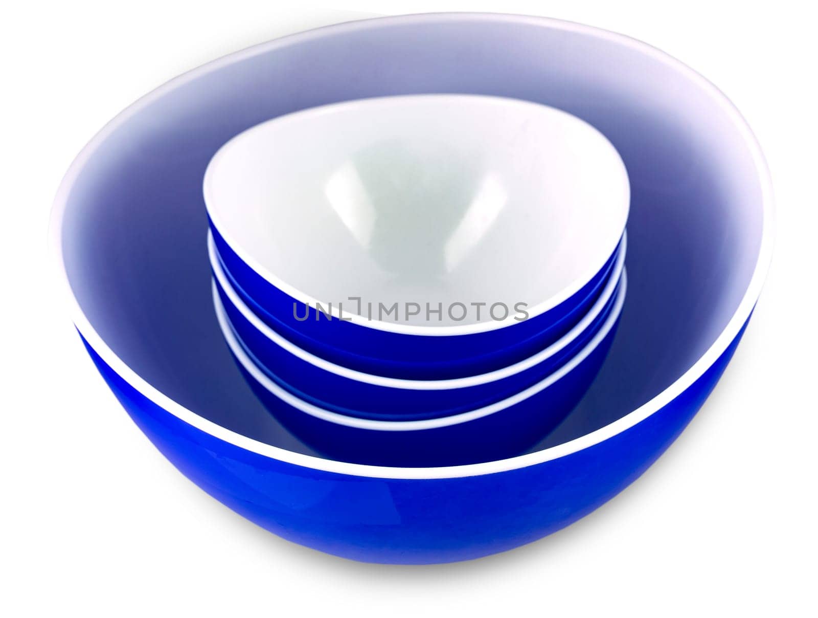 The close up blue bowl isolated on white background