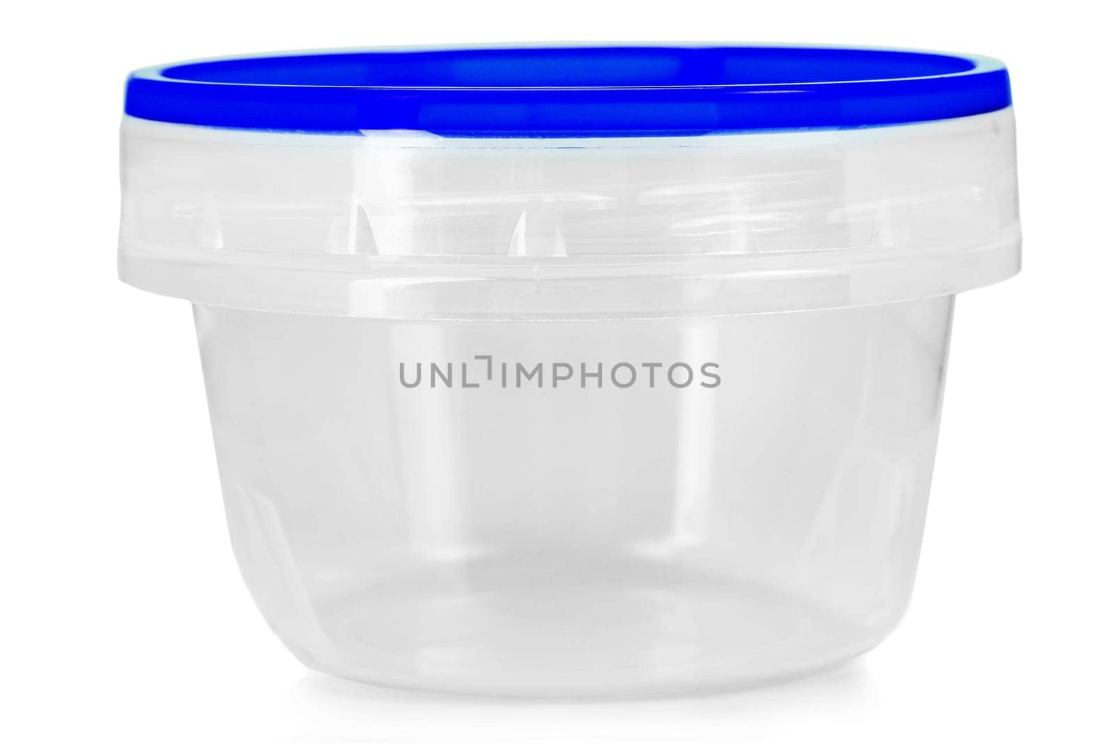 The close up Plastic food cup with blue lid isolated on white background