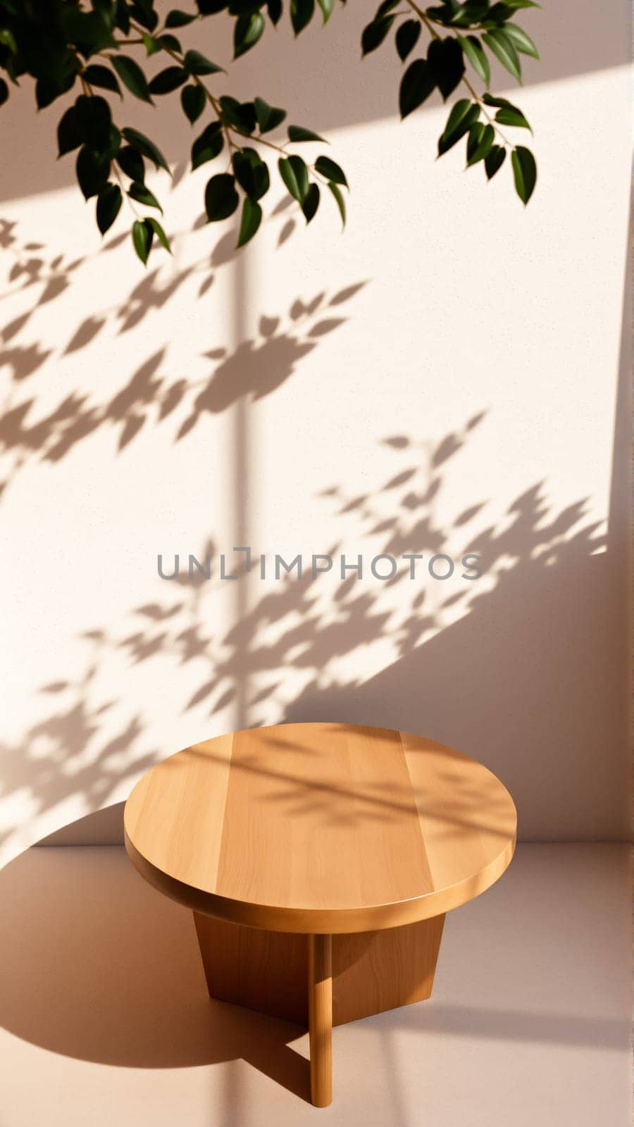 A simple wooden table with a round top filled with a coating that provides sunlight. The delicate shadows of leafy branches play on the textured cream wall in the background. High quality photo