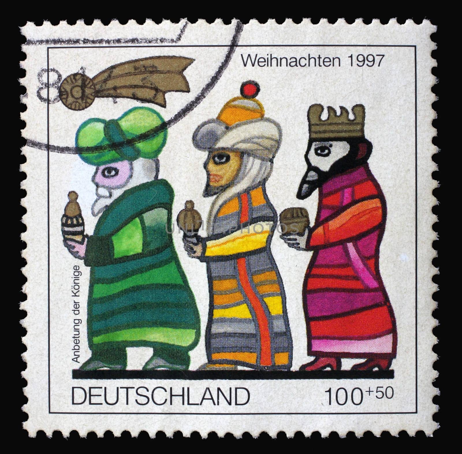 A stamp printed in Germany shows The Three Kings, Christmas, circa 1997