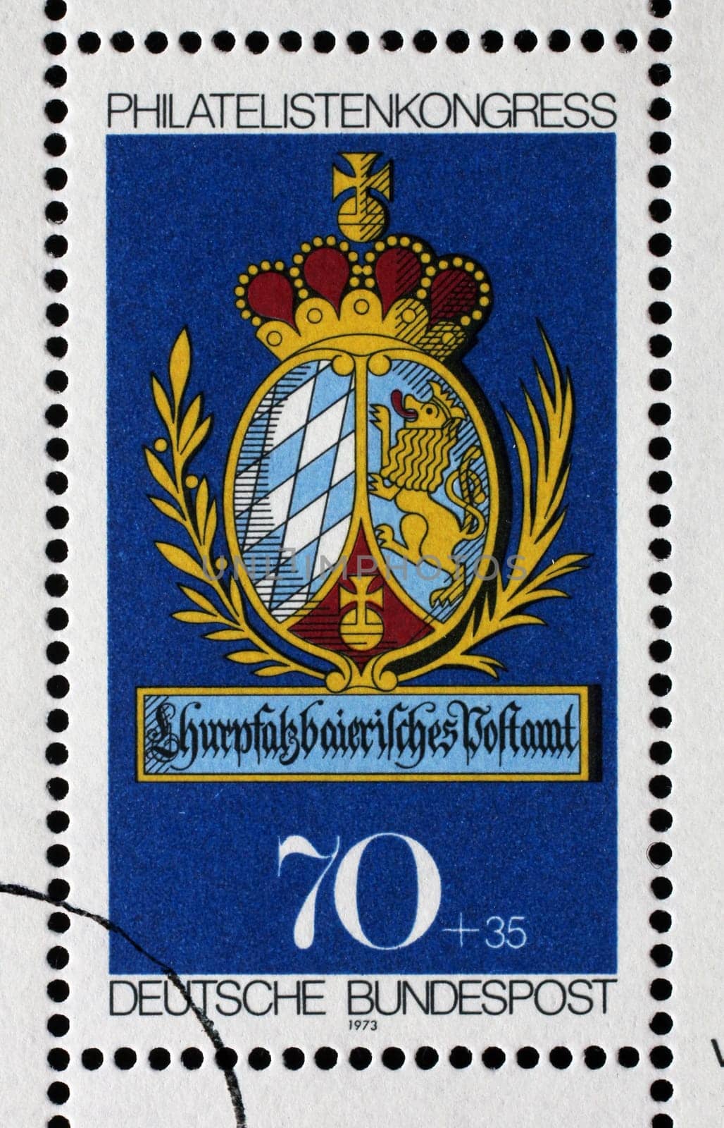 A stamp printed in Germany shows post office sign of the Electoral Palatinate Bavaria, Stamp Exhibition IBRA in Munchen, circa 1973
