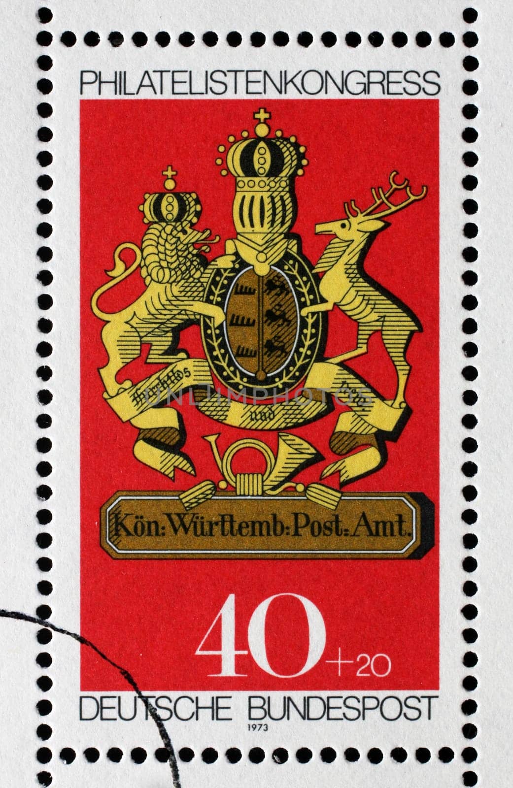A stamp printed in Germany shows post office sign of the Kingdom of Württemberg, Stamp Exhibition IBRA in Munchen, circa 1973