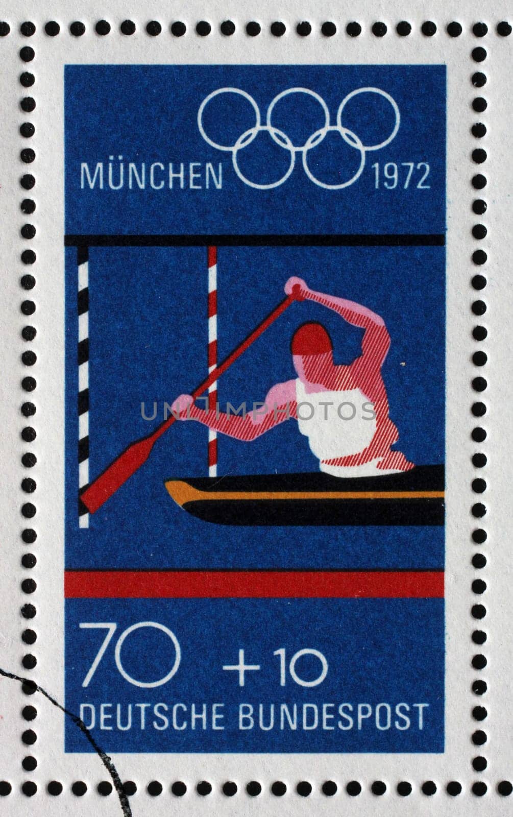 Stamp printed in Germany shows Canoeing and Olympic Rings, Summer Olympic Games 1972 in Munich, circa 1972