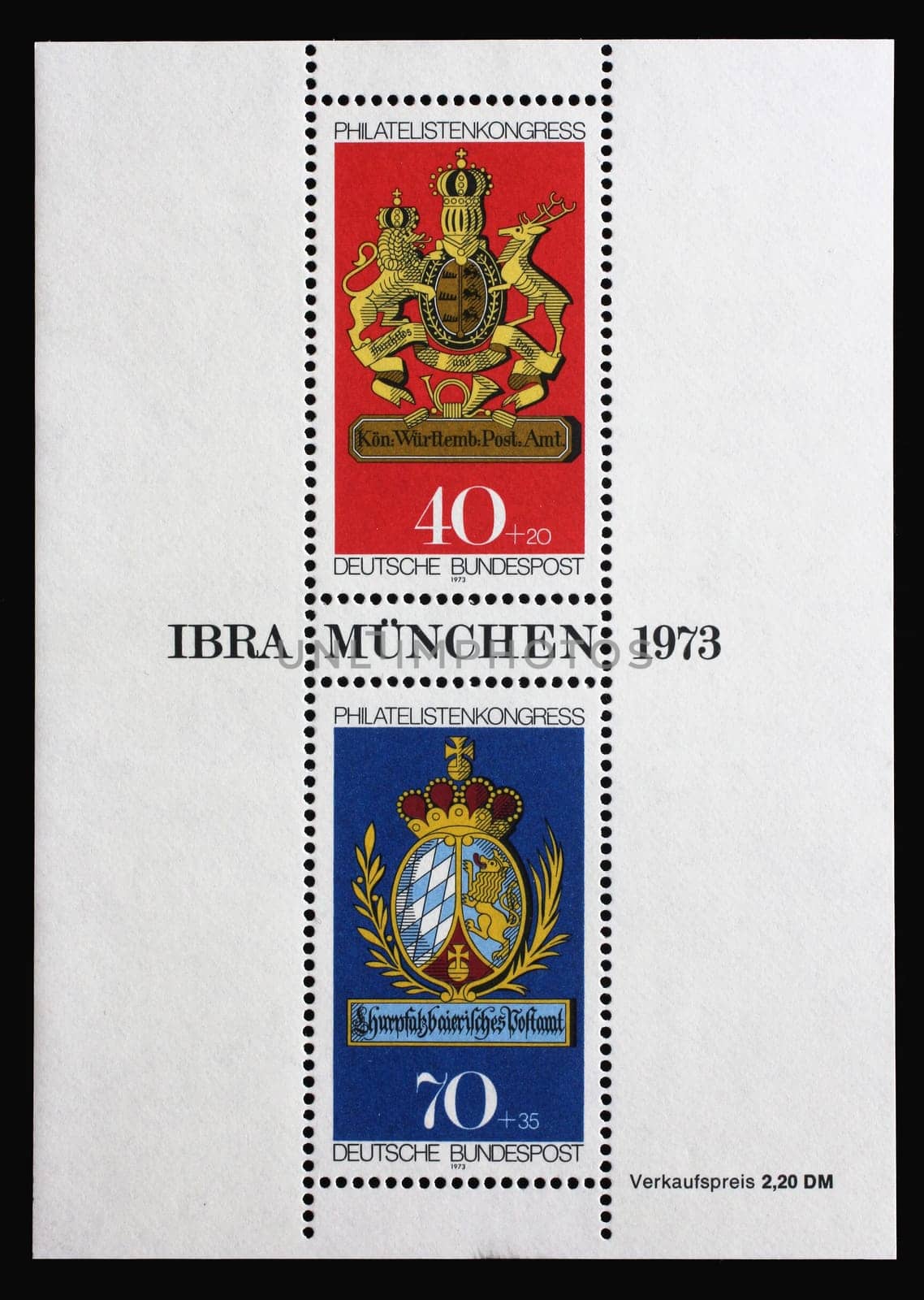 A stamp printed in Germany shows post office sign of the Kingdom of Württemberg and Electoral Palatinate Bavaria, Stamp Exhibition IBRA in Munchen, circa 1973