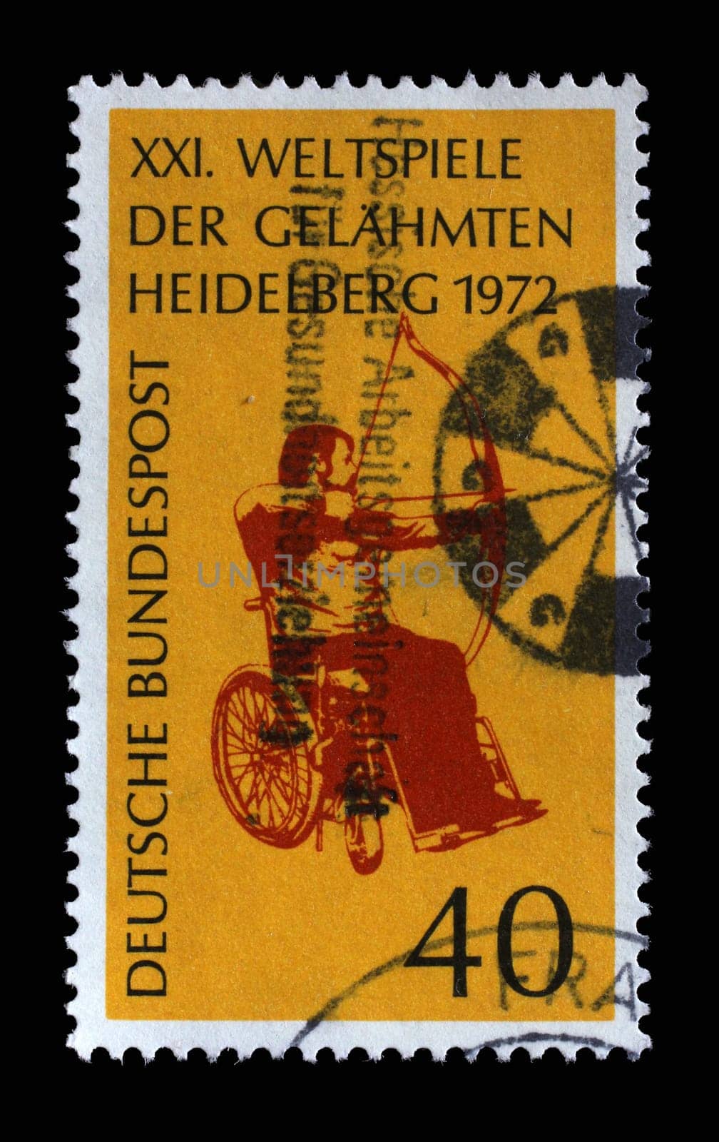Stamp printed in Germany showing Wheelchair archery, 21st International Games for Paralysed, Heidelberg, circa 1972