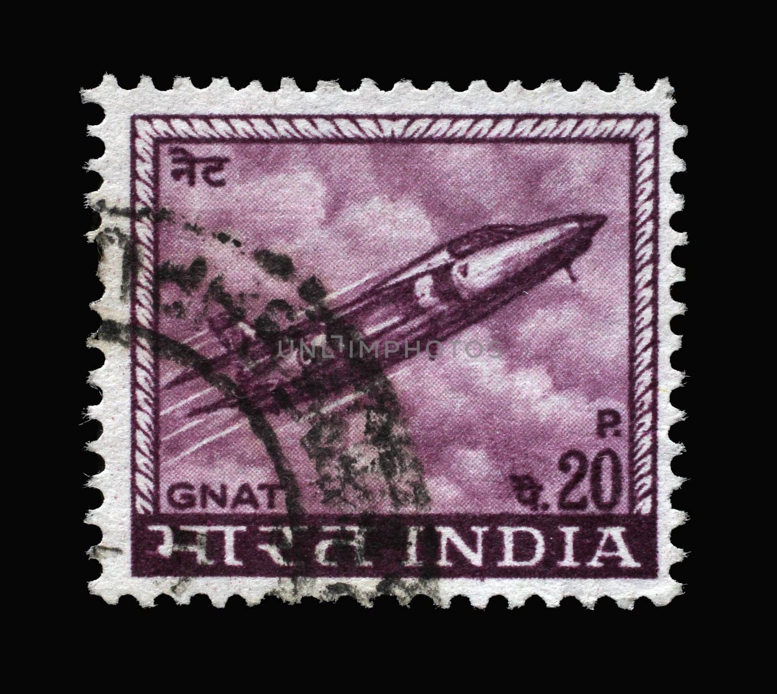 Stamp printed in India shows Gnat jet fighter, made in India by Hindustan Aircraft Industries, circa 1967