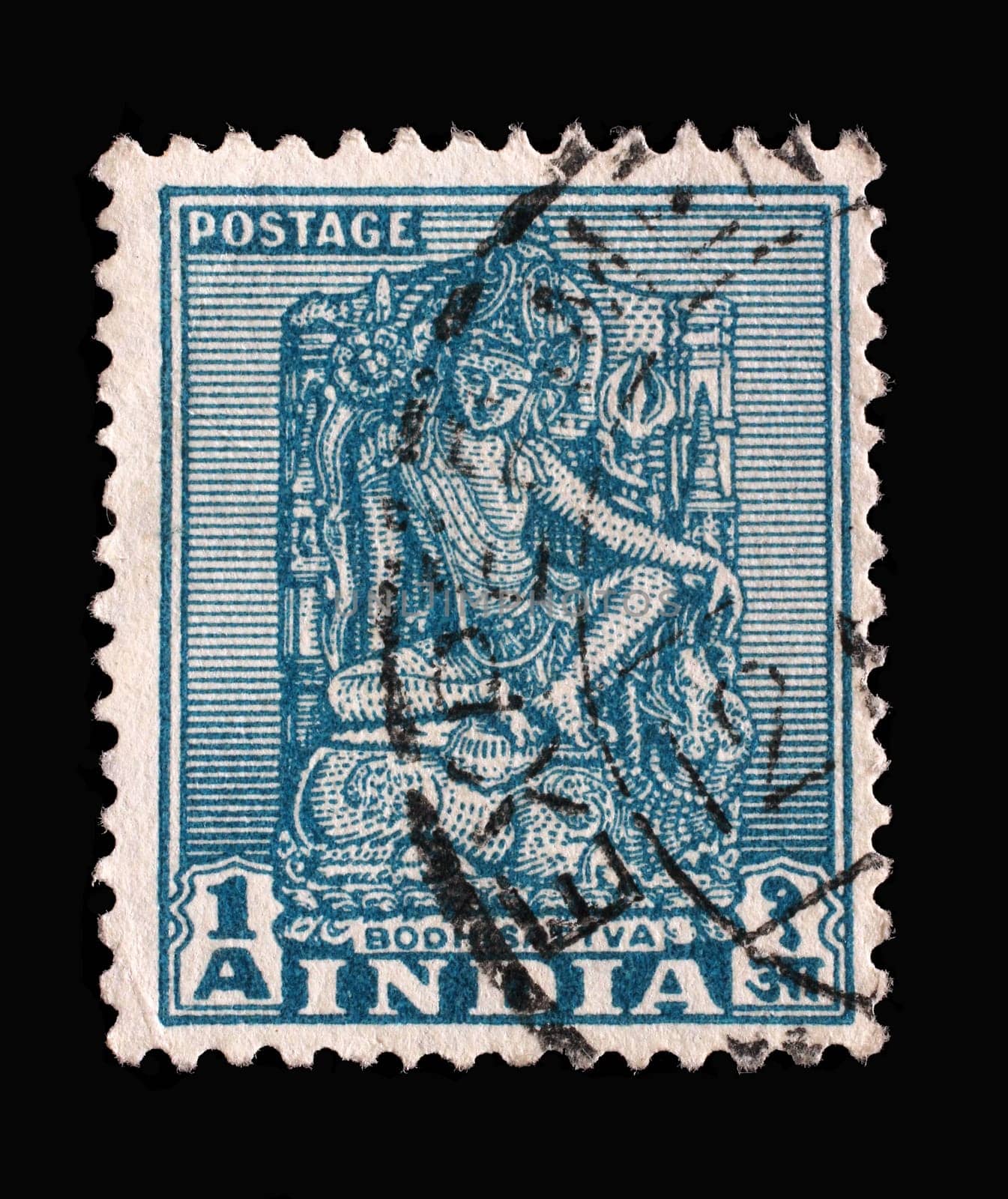 Stamp printed in India shows Bodhisattva, Enlightenment Being, Series Monuments and Temples 1949-1952, circa 1949