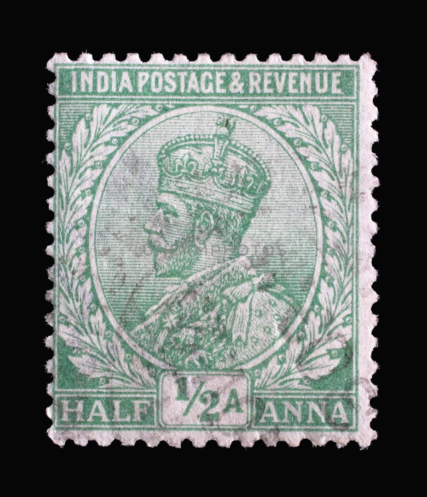 Stamp printed in India shows King George V with Indian emperor's crown, Definitives (1926-36) series, circa 1911