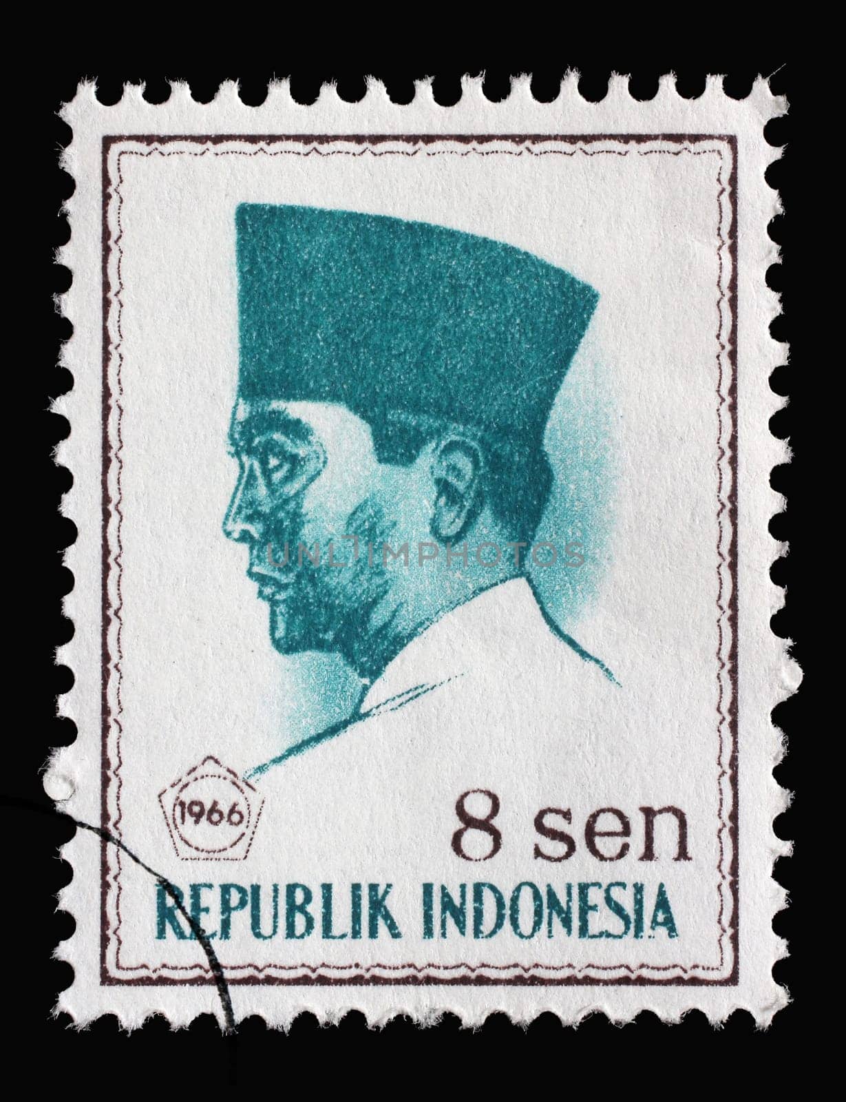 Stamp printed in Indonesia shows the first president of Indonesia Sukarno, circa 1966