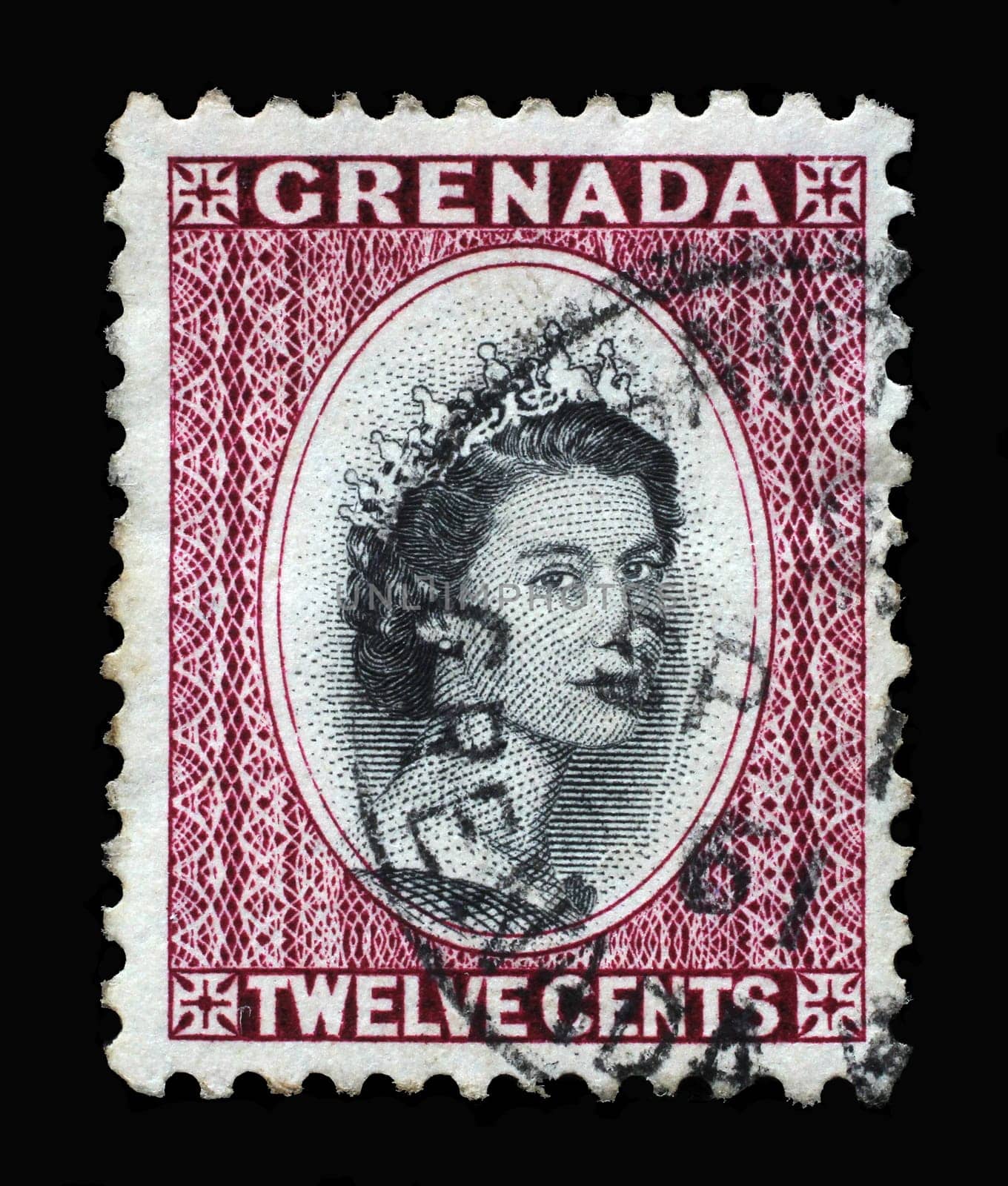 Stamp printed in Grenada shows Queen Elizabeth II, circa 1953