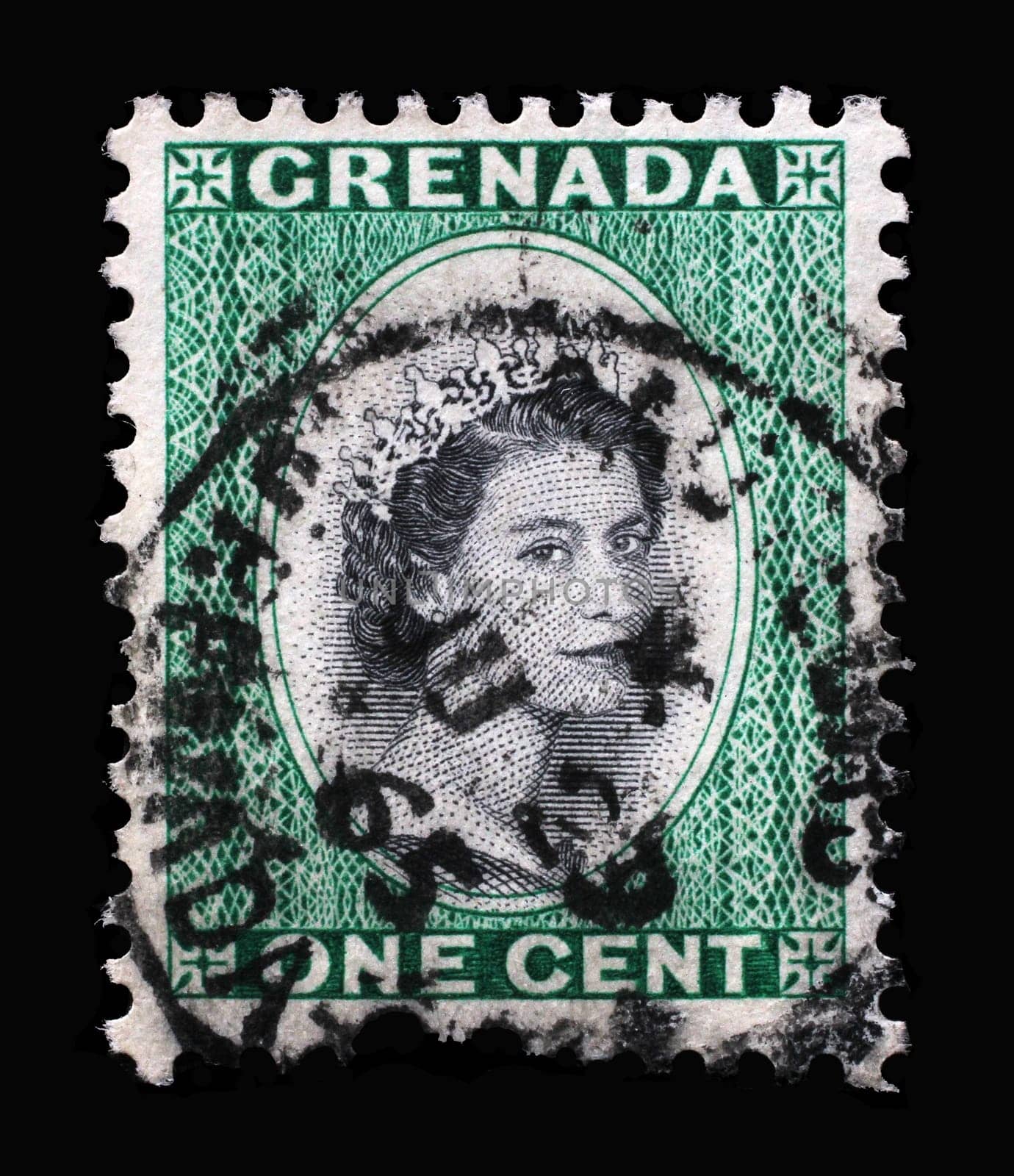 Stamp printed in Grenada shows Queen Elizabeth II, circa 1953