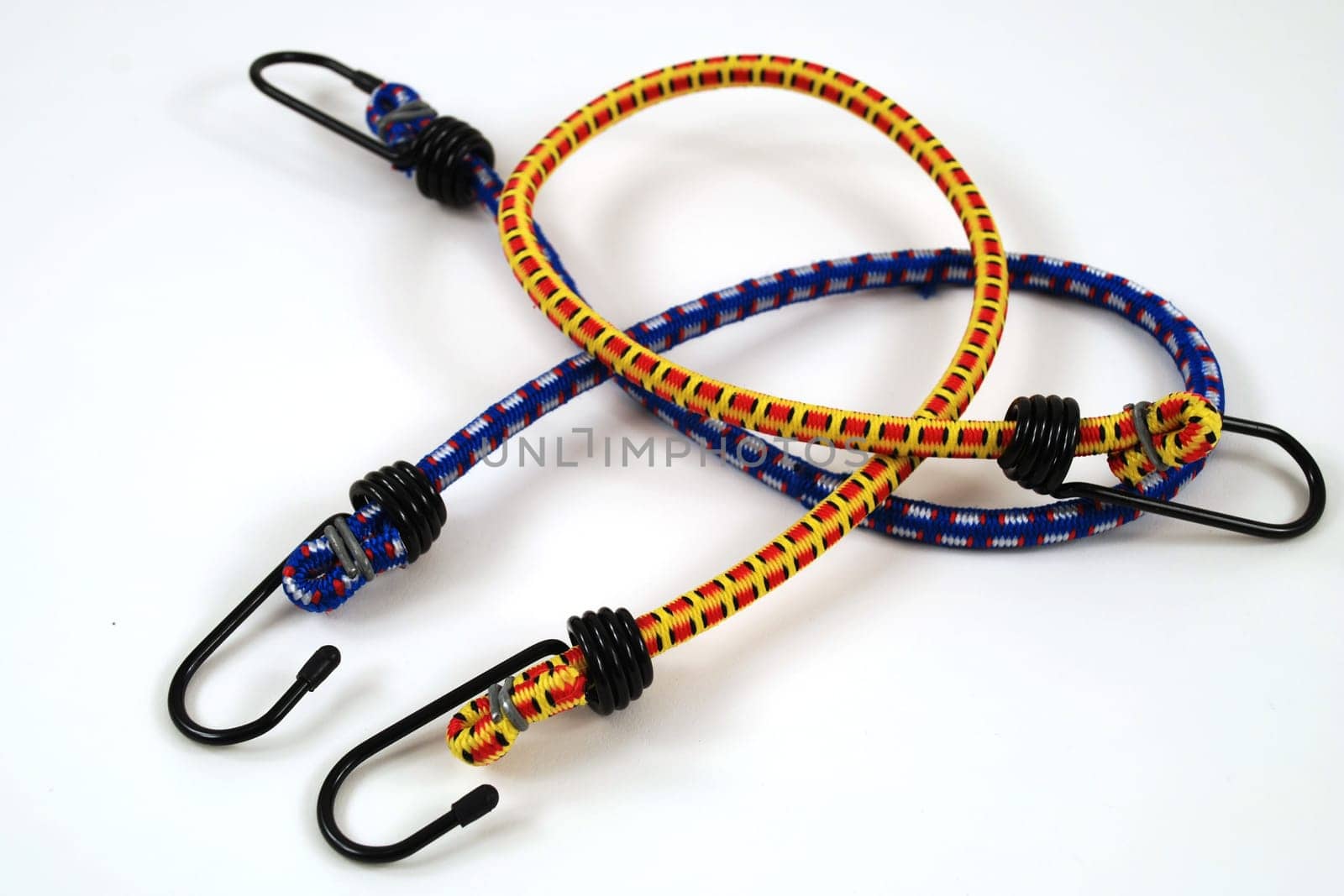 Stock pictures of bungee cords with steel hooks of several colors