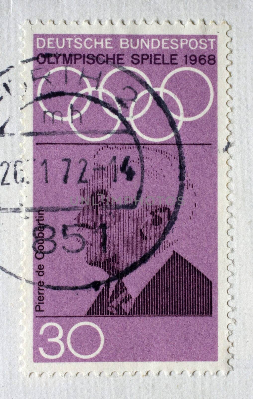 Stamp printed in Germany showing portrait of Pierre de Coubertin, 1968 Summer Olympics, the Games of the XIX Olympiad, Mexico City, circa 1968