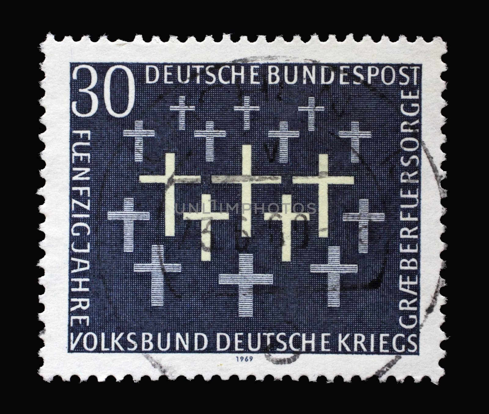 Stamp printed in Germany showing 50th anniversary of the German War Graves Commission, circa 1969
