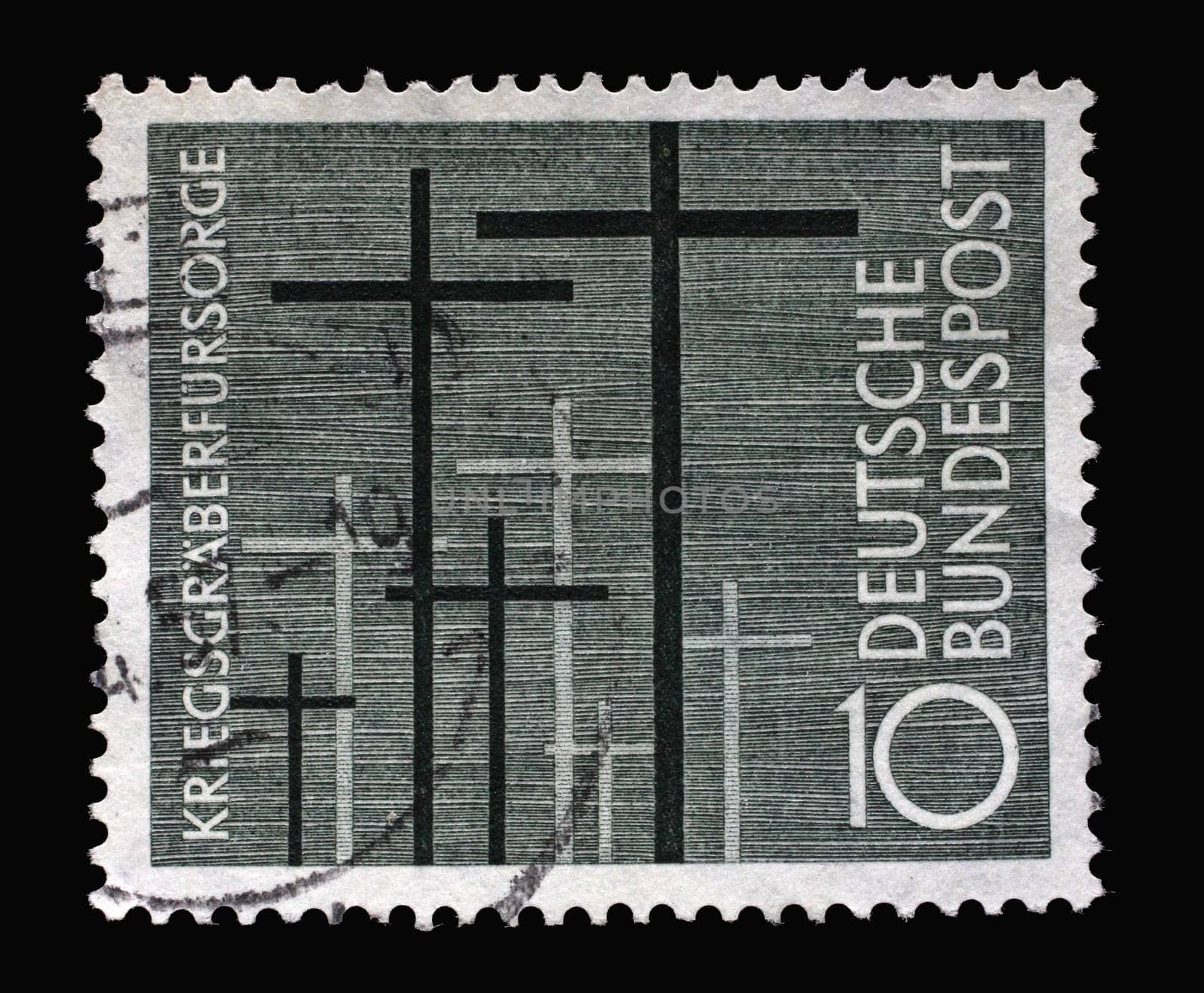 Stamp printed in Germany, shows Cemetery Crosses, to commemorate people of Germany who died during WWII, circa 1956