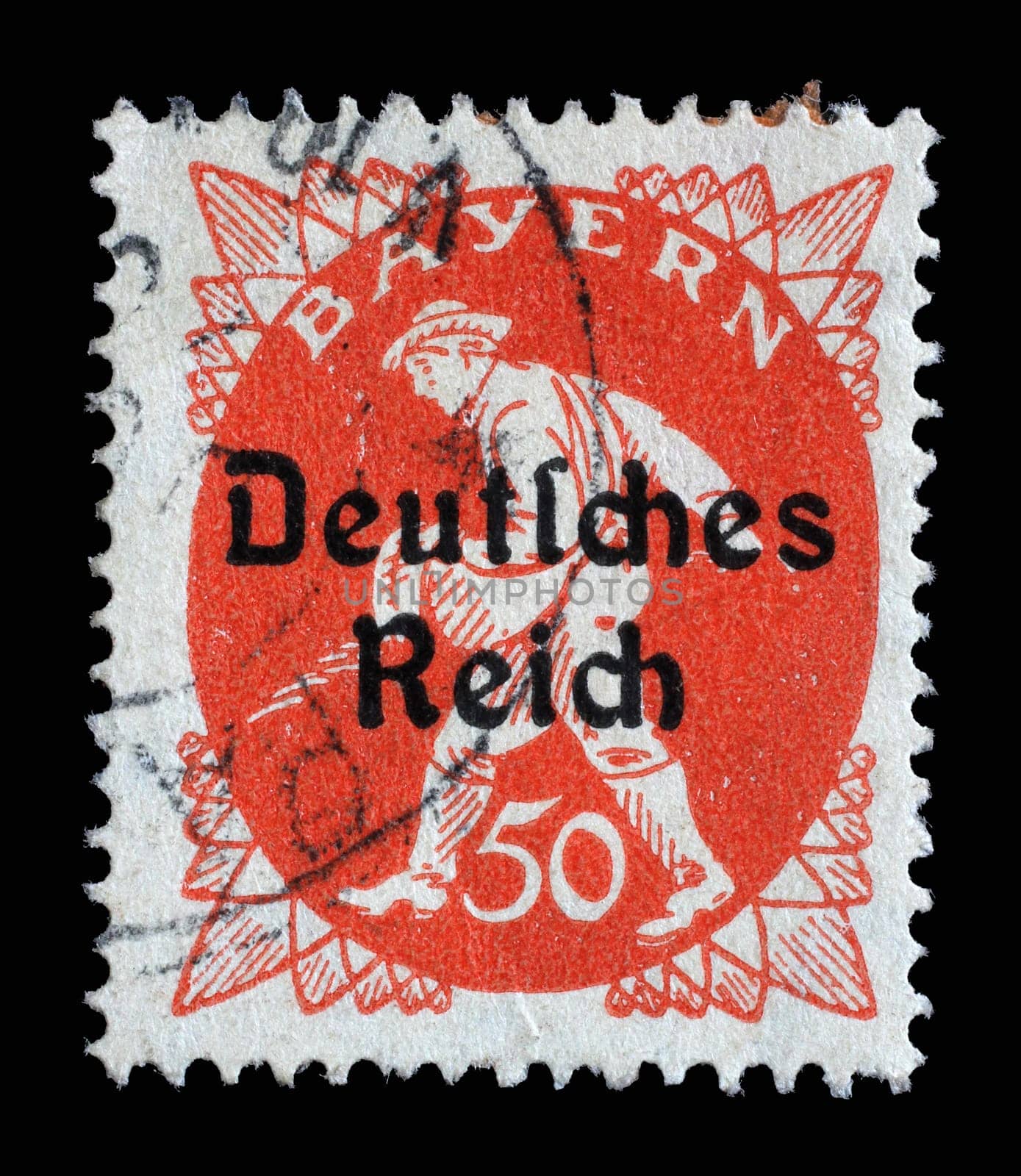 Stamp printed in printed in Bavaria with a "Deutsches Reich"" overprint shows sower, circa 1920"