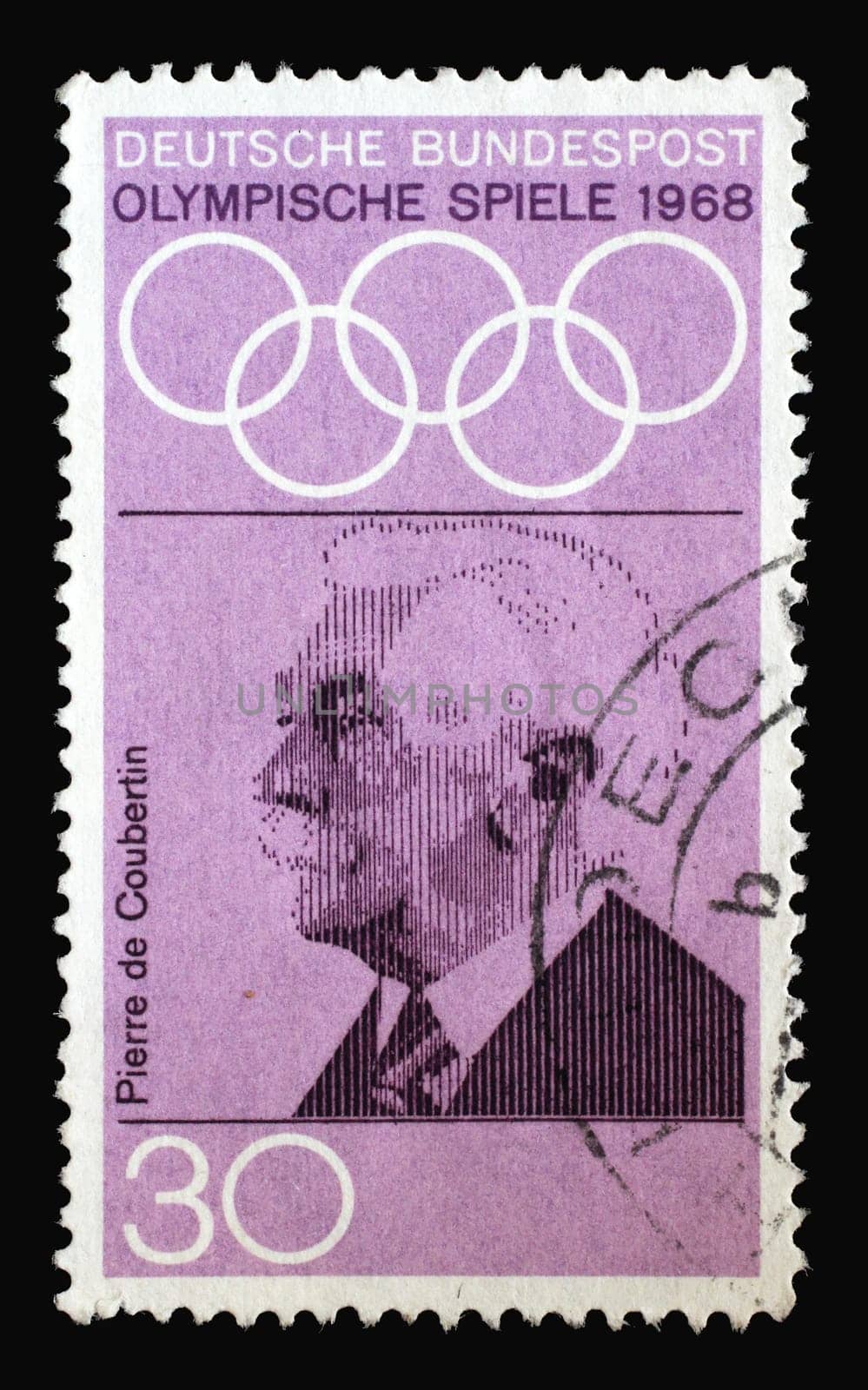 Stamp printed in Germany showing portrait of Pierre de Coubertin, 1968 Summer Olympics, the Games of the XIX Olympiad, Mexico City, circa 1968
