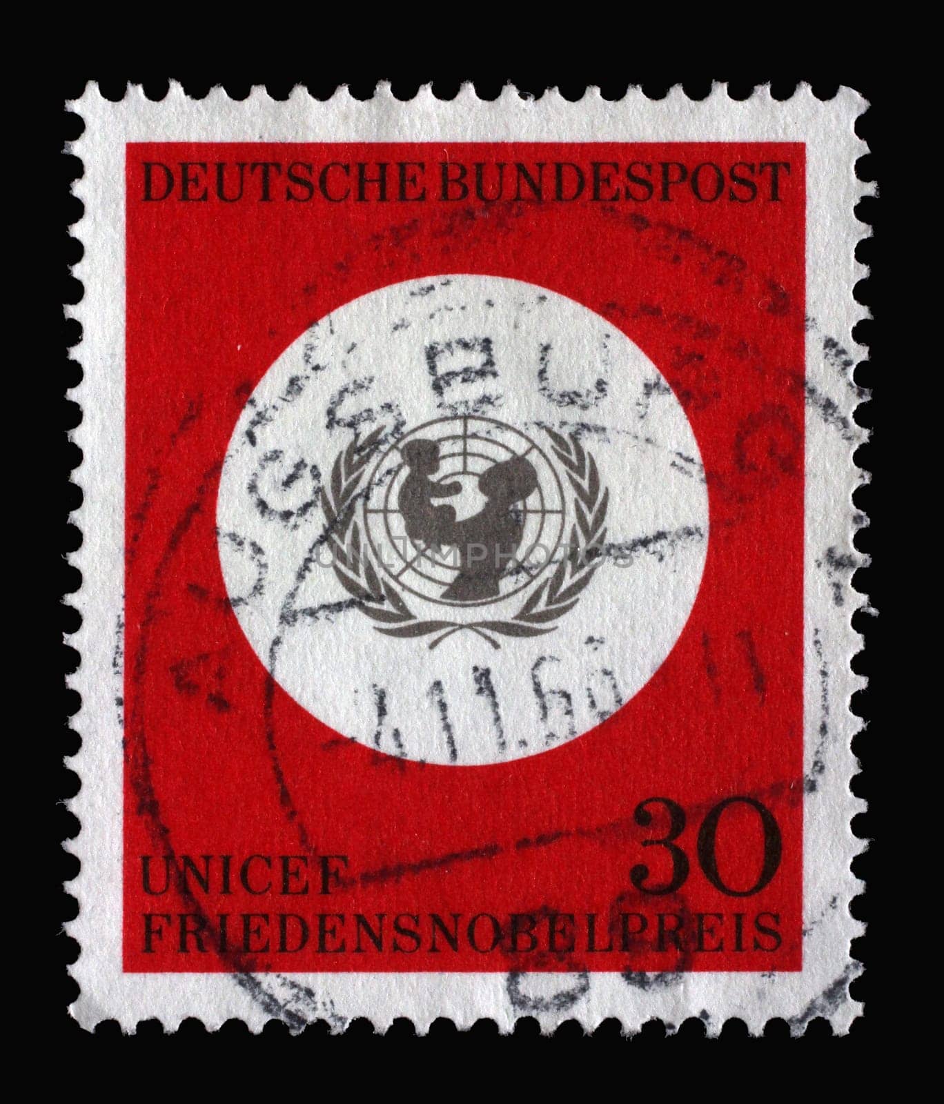 Stamp printed in Germany showing UNICEF emblem, Awarding of the 1965 Nobel Peace Prize to UNICEF, circa 1966