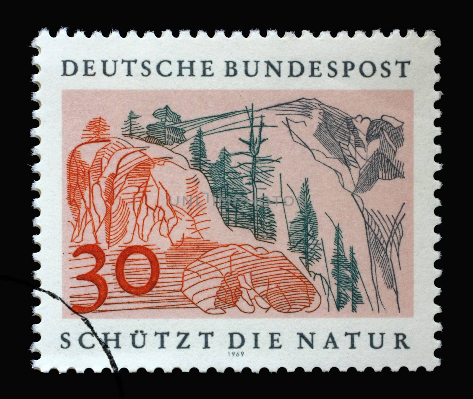 Stamp printed in Germany showing a landscape: high mountain, European Nature Preservation Year, circa 1969