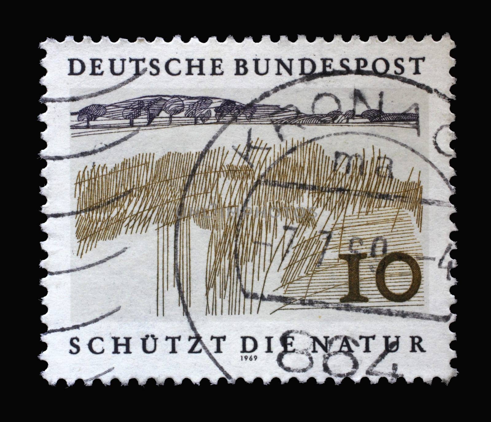 Stamp printed in Germany showing a landscape: lowland, European Nature Preservation Year, circa 1969