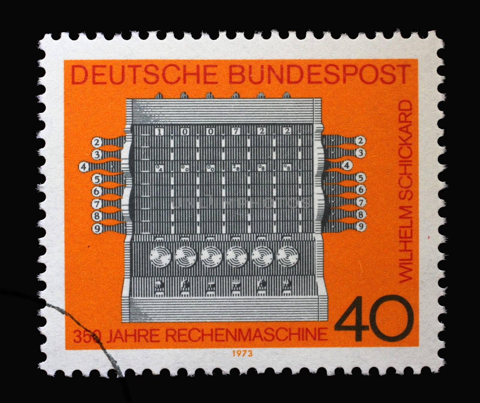A stamp printed in Germany shows Schickard's Calculating Machine, 350th anniv. of the calculator built by Prof. Wilhelm Shickard, University of Tubingen, circa 1973