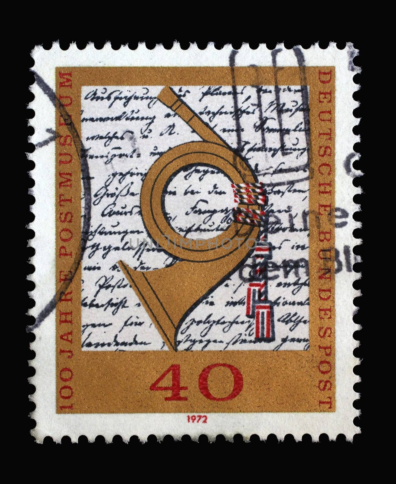 Stamp printed in Germany shows page from Heinrich von Stephan decree establishing the museum: Posthorn and decree, circa 1972