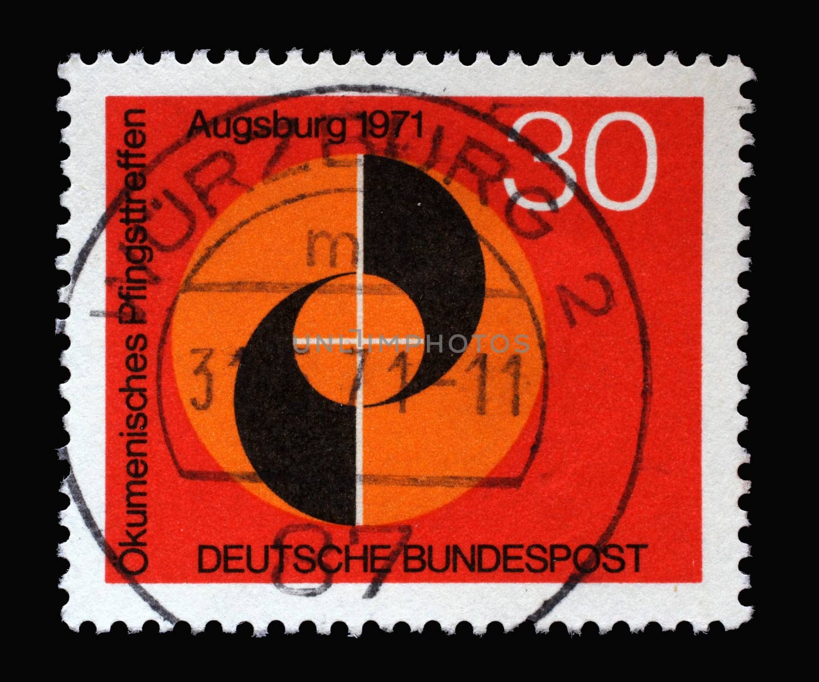 Stamp printed in Germany shows Congress emblem of Ecumenical Meeting at Pentecost of the German Evangelical and Catholic Churches in Augsburg, circa 1971