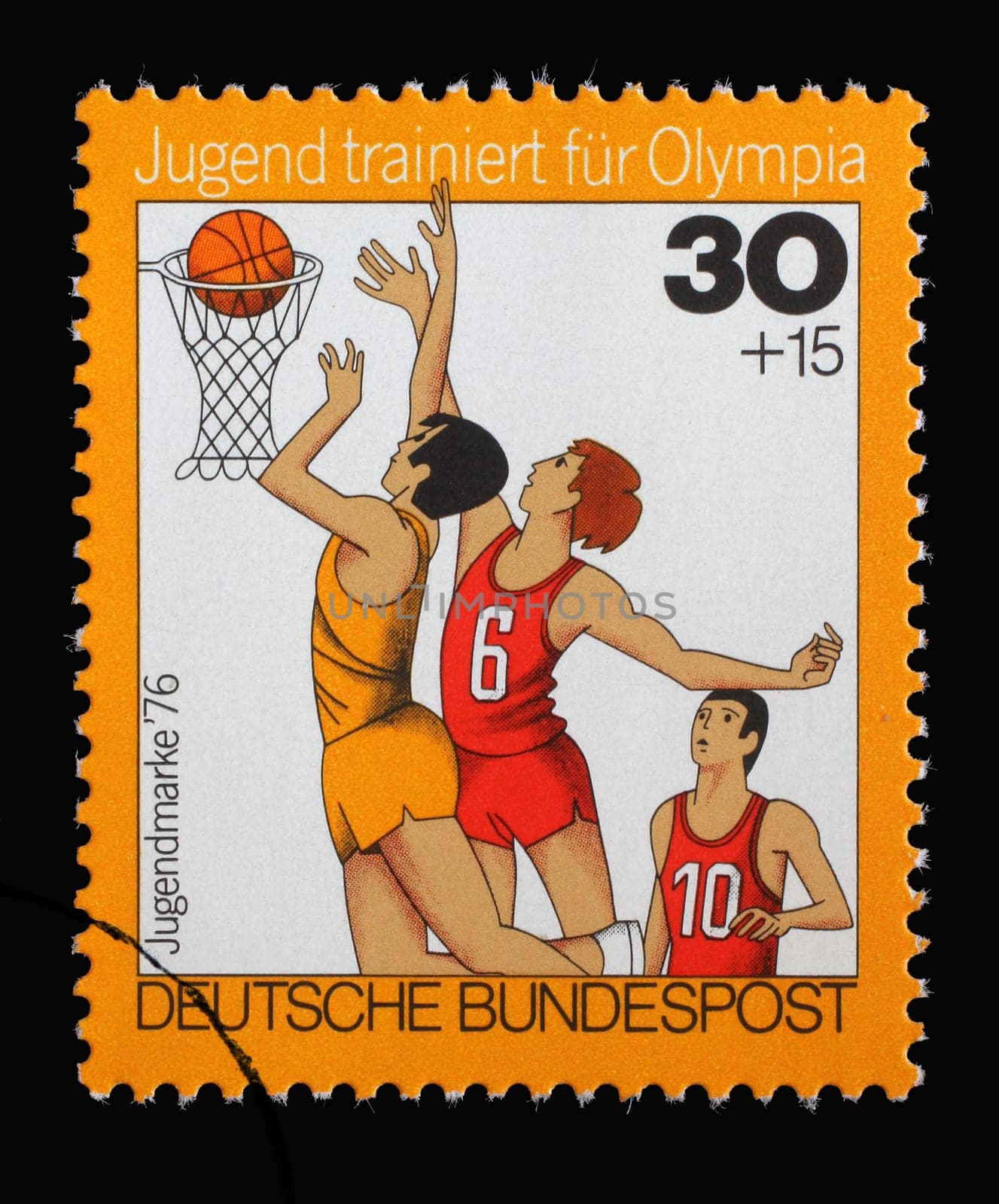 A stamp printed in Germany shows Basketball, Youth training for the Olympics, circa 1976