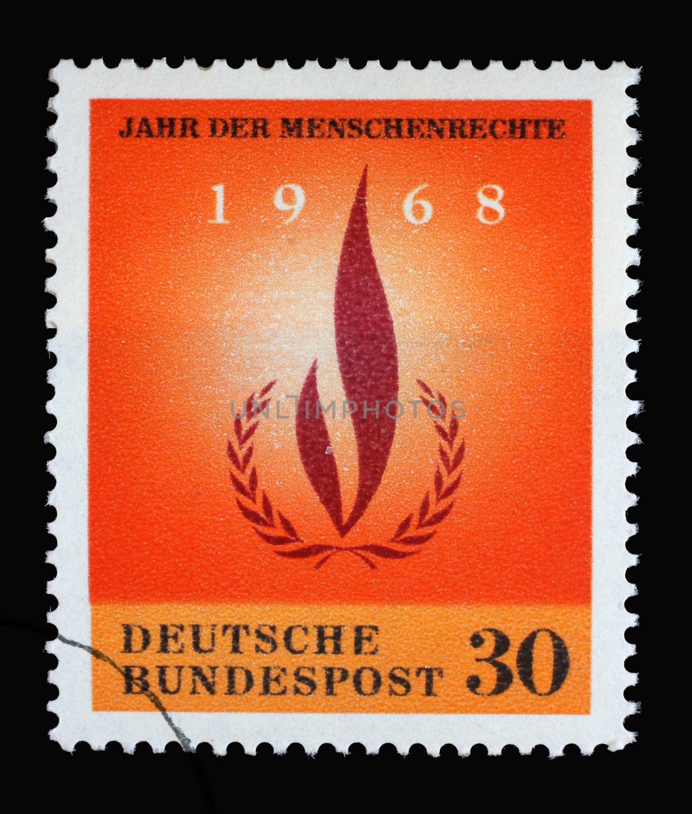 Stamp printed in Germany showing a laurel and wreath, Year of Human Rights, circa 1968