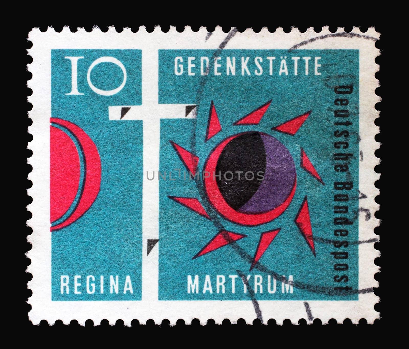 Stamp printed in Germany shows Cross of Golgotha, Darkened Sun and Moon, Consecration of Regina Martyrum Church in Berlin, circa 1963