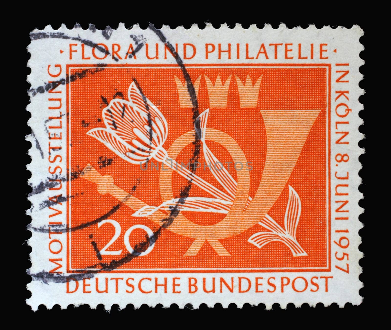 Stamp printed in Germany, shows a post horn and a tulip. The occasion is the motif exhibition flora and philately in Cologne, circa 1957