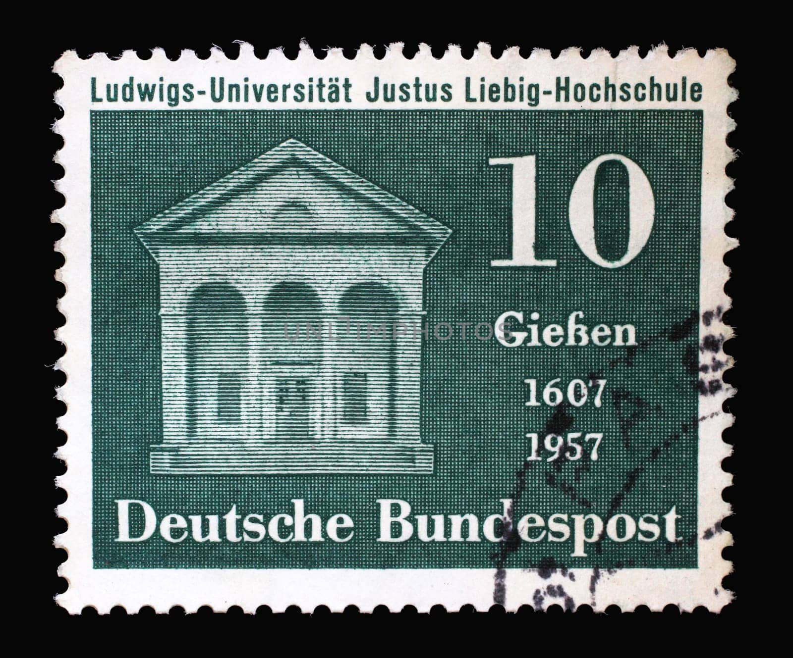 Stamp printed in Germany, shows Liebig Laboratory, 350th Anniversary of the Justus Liebig School at Ludwig University, Giessen, circa 1957