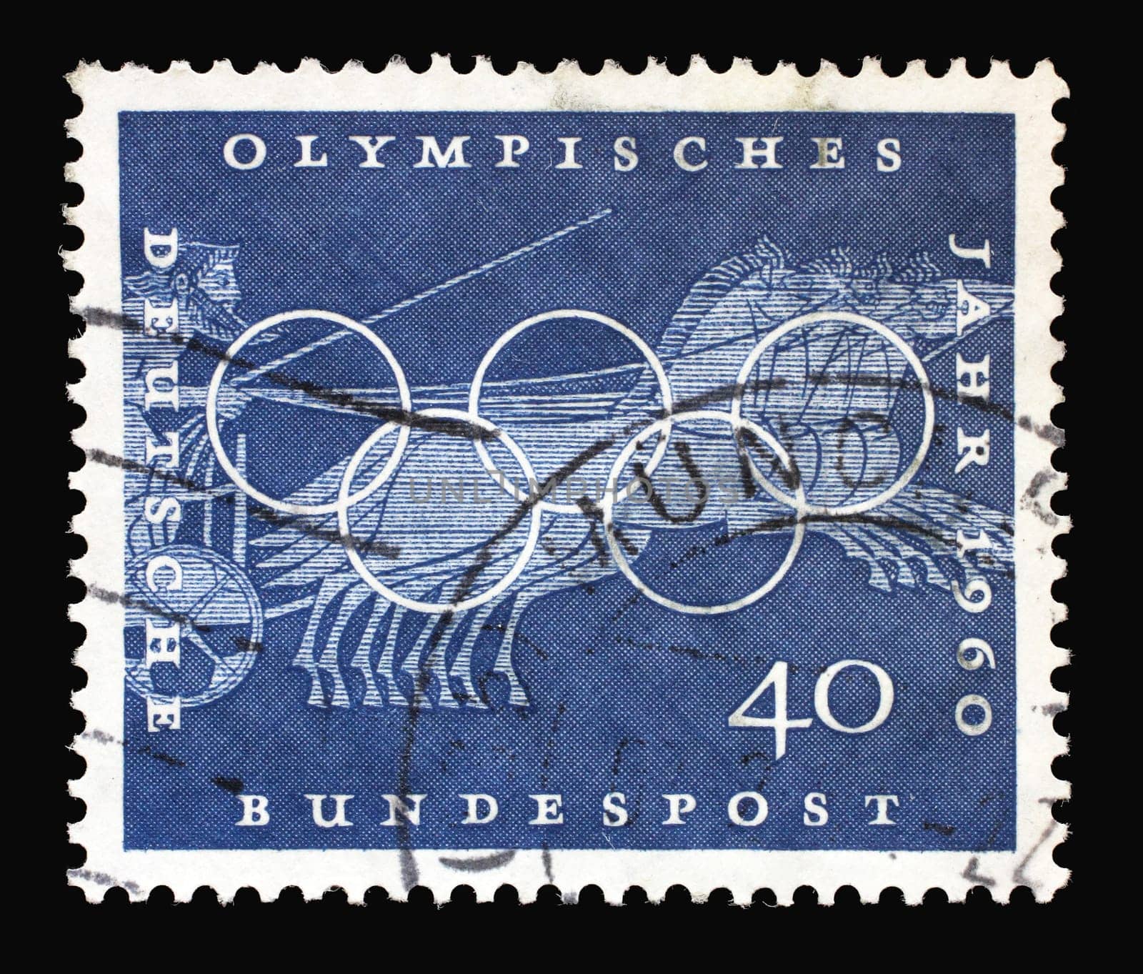 Stamp printed in Germany showing Chariot Race, Sport Scene from Greek vase paintings, Olympic rings and promotes 17th Olympic Games in Rome, circa 1960