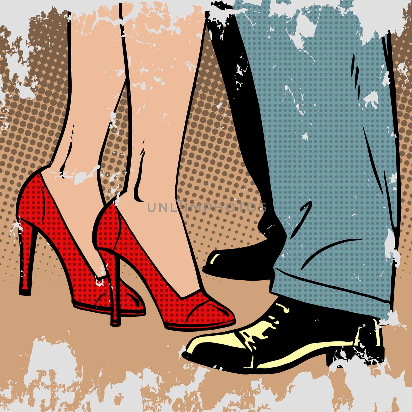 The love of a man and a woman dance hugs pop art comics retro style Halftone. Imitation of old illustrations. the effect of old paper