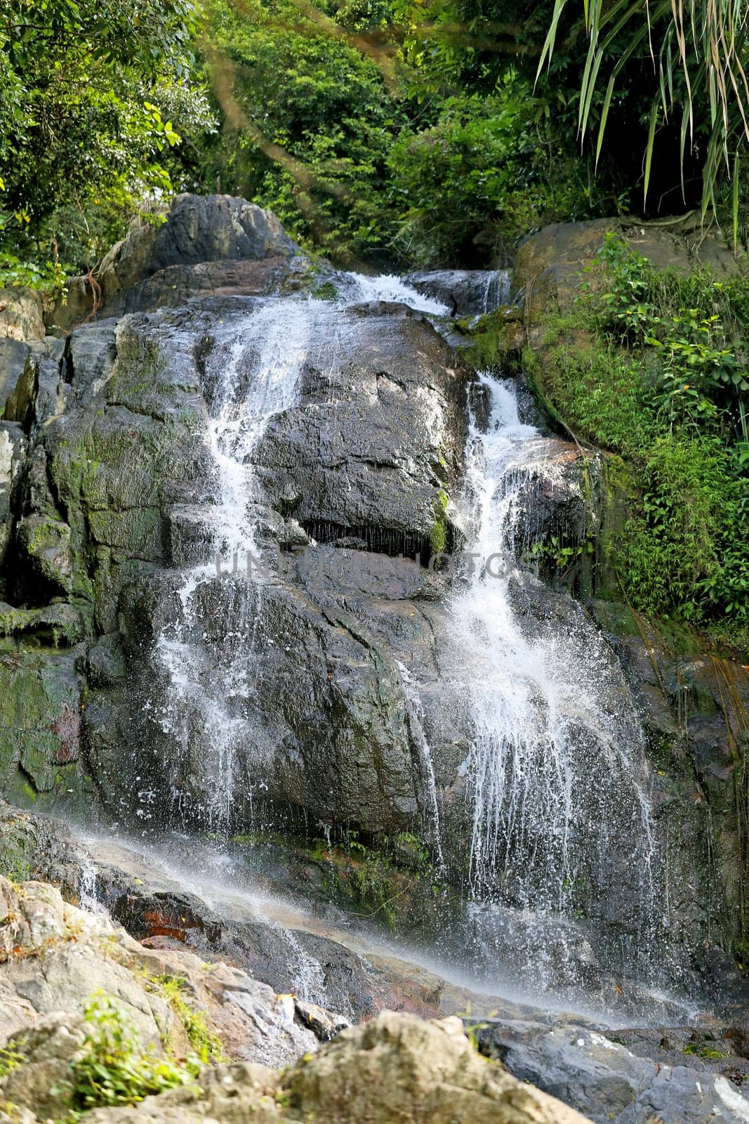 Beautiful waterfall in Thailand on Koh Samui photographed close-up