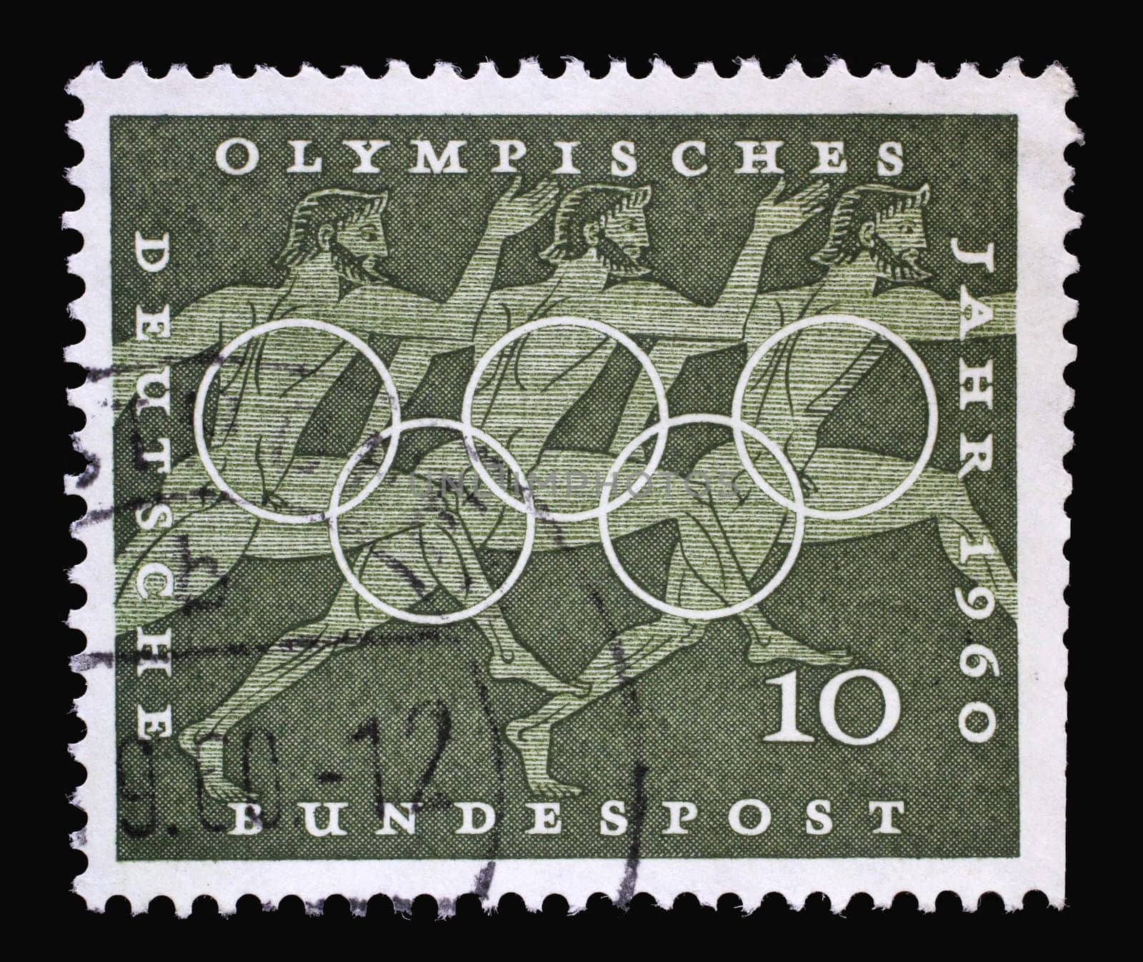 Stamp printed in Germany showing Running, Sport Scene from Greek vase paintings, Olympic rings and promotes 17th Olympic Games in Rome, circa 1960