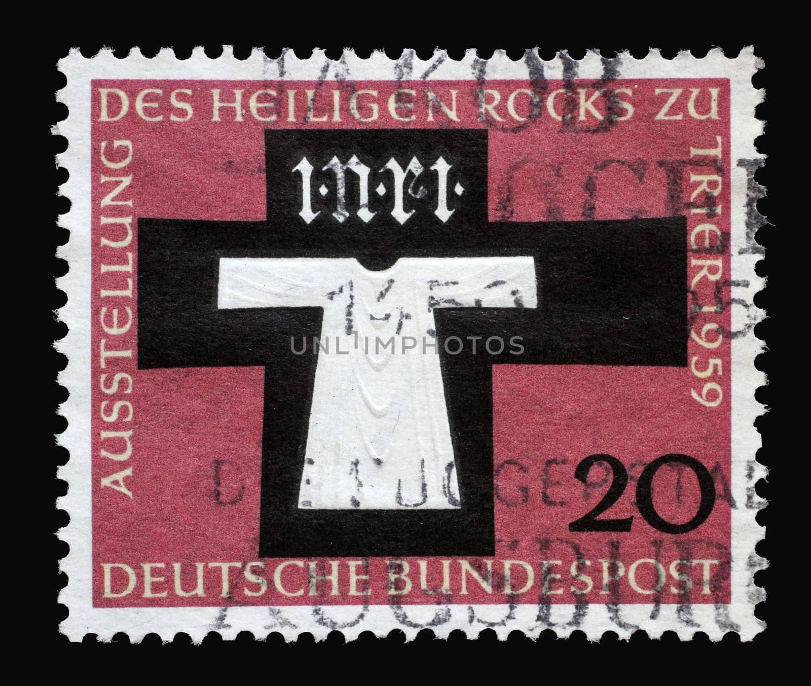 Stamp printed in Germany shows Holy Coat of Trier, showing of the seamless robe of Christ at the Cathedral of Trier, circa 1959