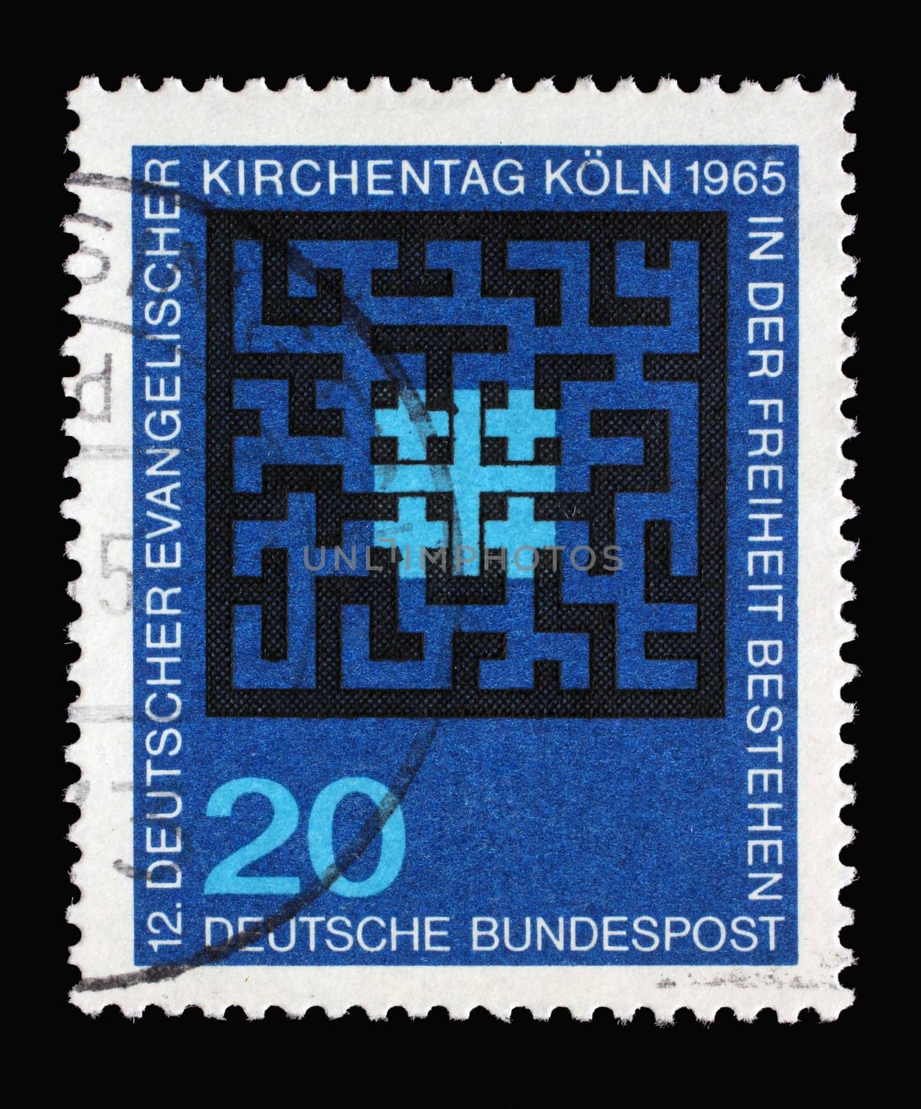 Stamp printed in Germany shows 12th meeting of German Protestants (Evangelical Synod), Cologne, Synod Emblem and Labyrinth, circa 1965