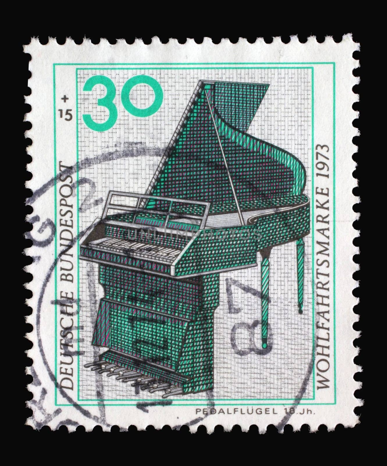 A stamp printed in Germany shows Pedal Piano, Musical Instrument, circa 1973